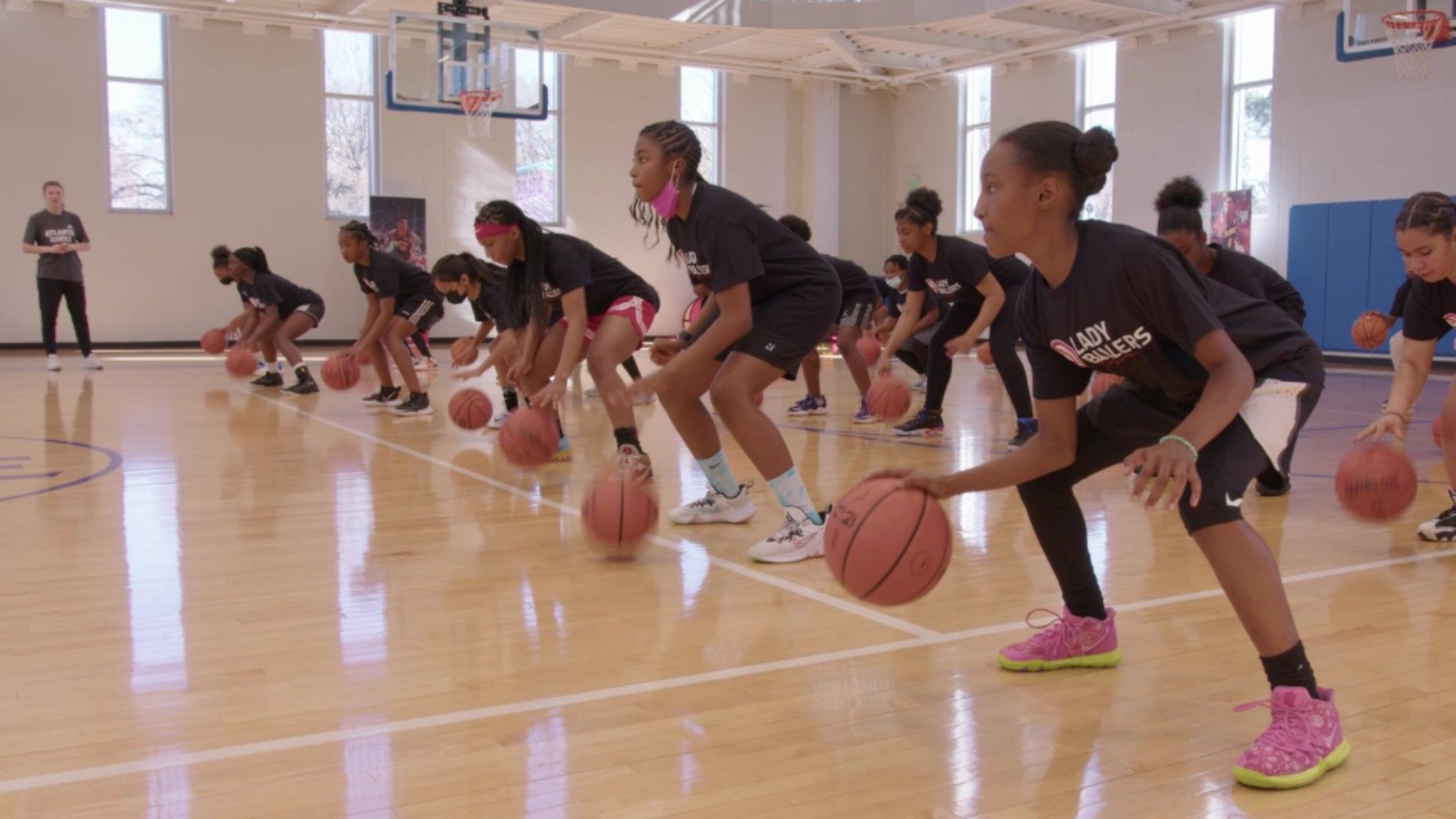About 70 girls participated Saturday at a basketball clinic that featured Harlem Globetrotters player “Mighty” Mia Hopkins and was hosted by the Hawks Basketball Academy. (Atlanta Hawks)