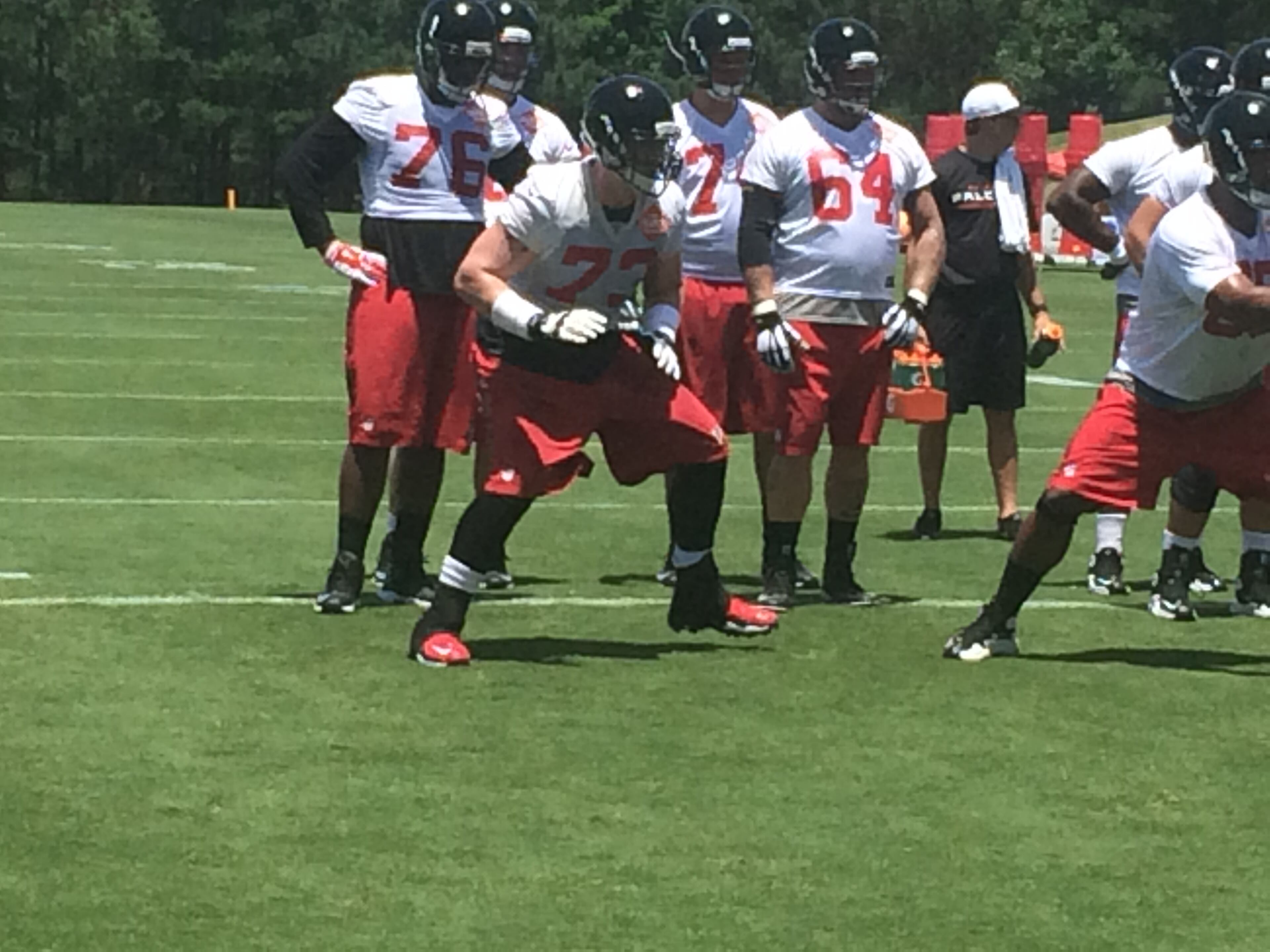 Falcons right tackle Ryan Schraeder ready to strike at minicamp on Tuesday, June 16, 2015. (D. Orlando Ledbetter/AJC)
