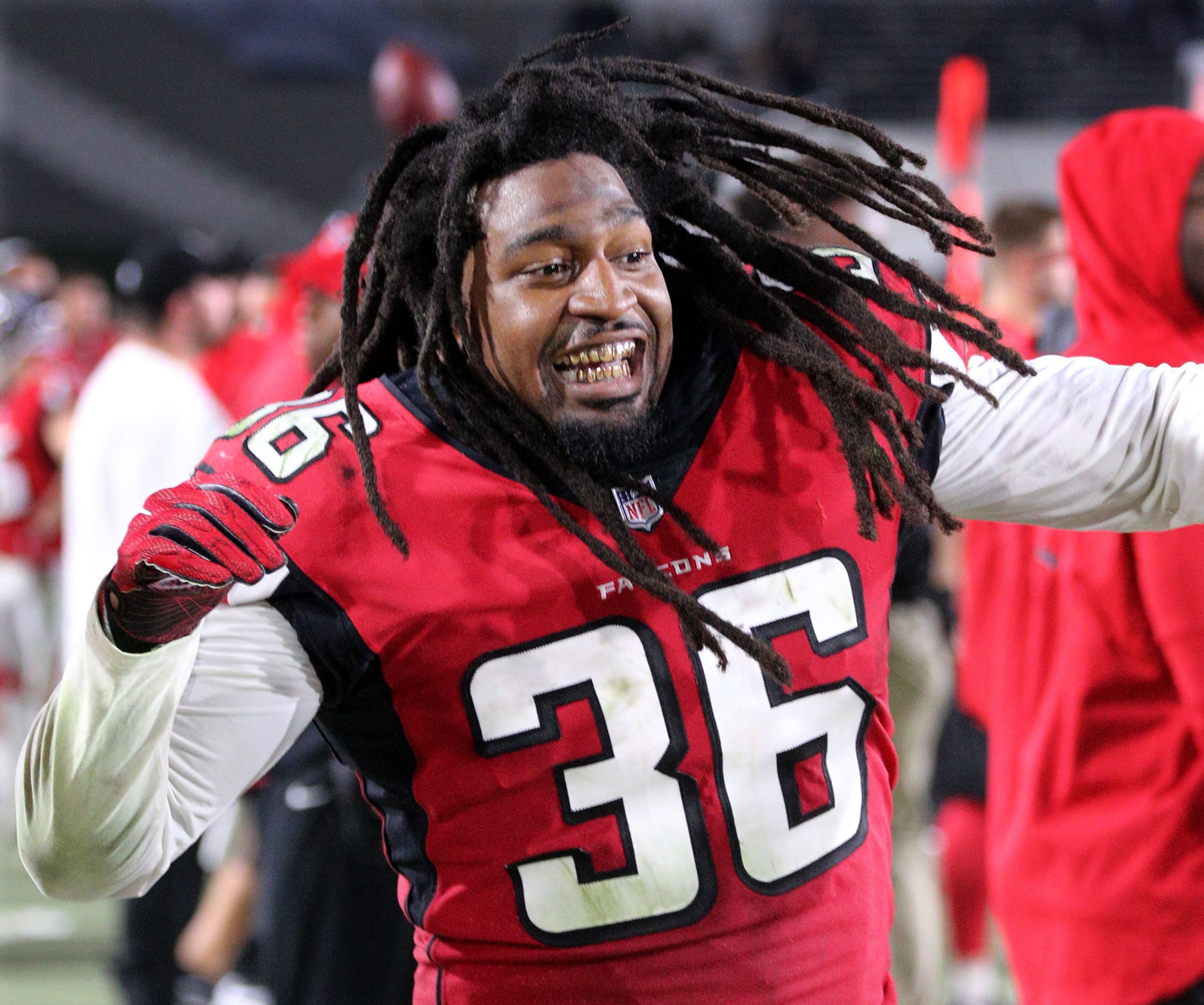 January 6, 2018 Los Angeles: Falcons safety Kemal Ishmael celebrates as time expires in a 26-13 victory over the Rams in their NFL Wild Card Game on Saturday, January 6, 2018, in Los Angeles. Curtis Compton/ccompton@ajc.com