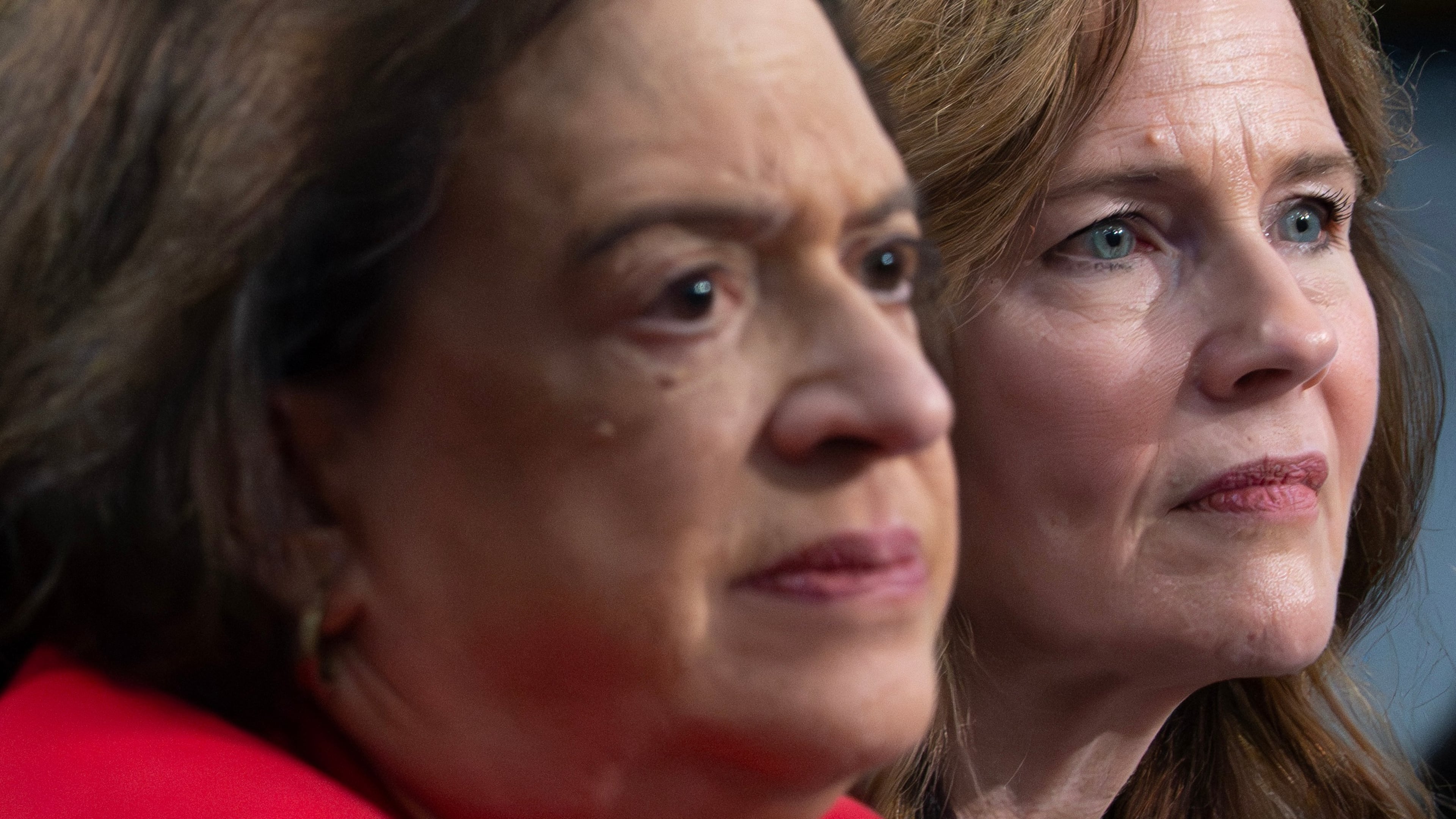 Supreme Court Justices Amy Coney Barrett, right, and Elena Kagan testify during a House Appropriations subcommittee hearing, Tuesday, July 14, 2026, on Capitol Hill in Washington. (AP Photo/Nathan Howard)