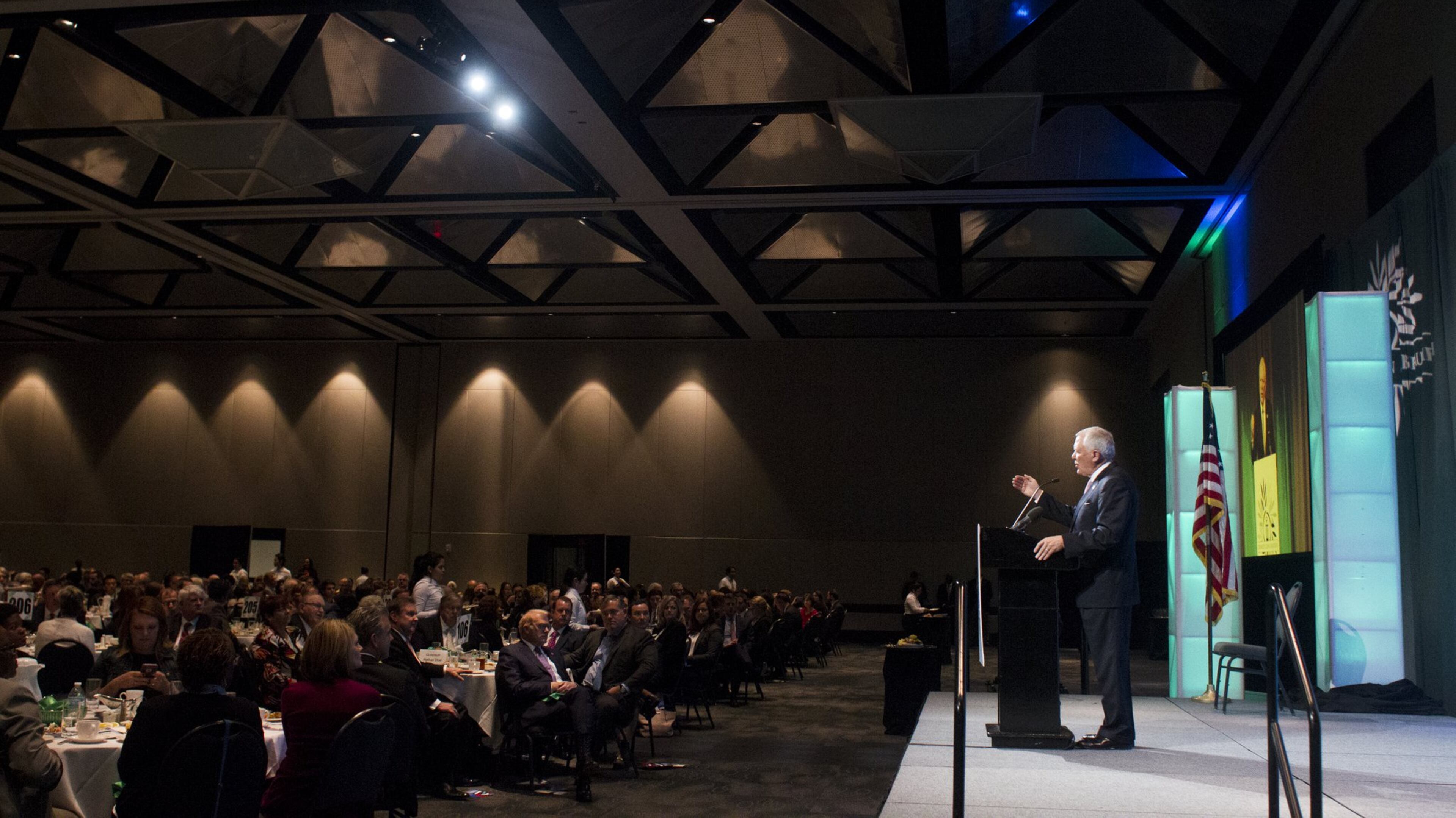 Gov. Nathan Deal speaks at Gwinnett Clean & Beautiful’s 11th Annual Environmental Address at the Infinite Energy Center in Duluth Wednesday. Deal boasted on Georgia’s improving numbers in several aspects of the state’s environmental awareness and progress. (CASEY SYKES / CASEY.SYKES@AJC.COM)