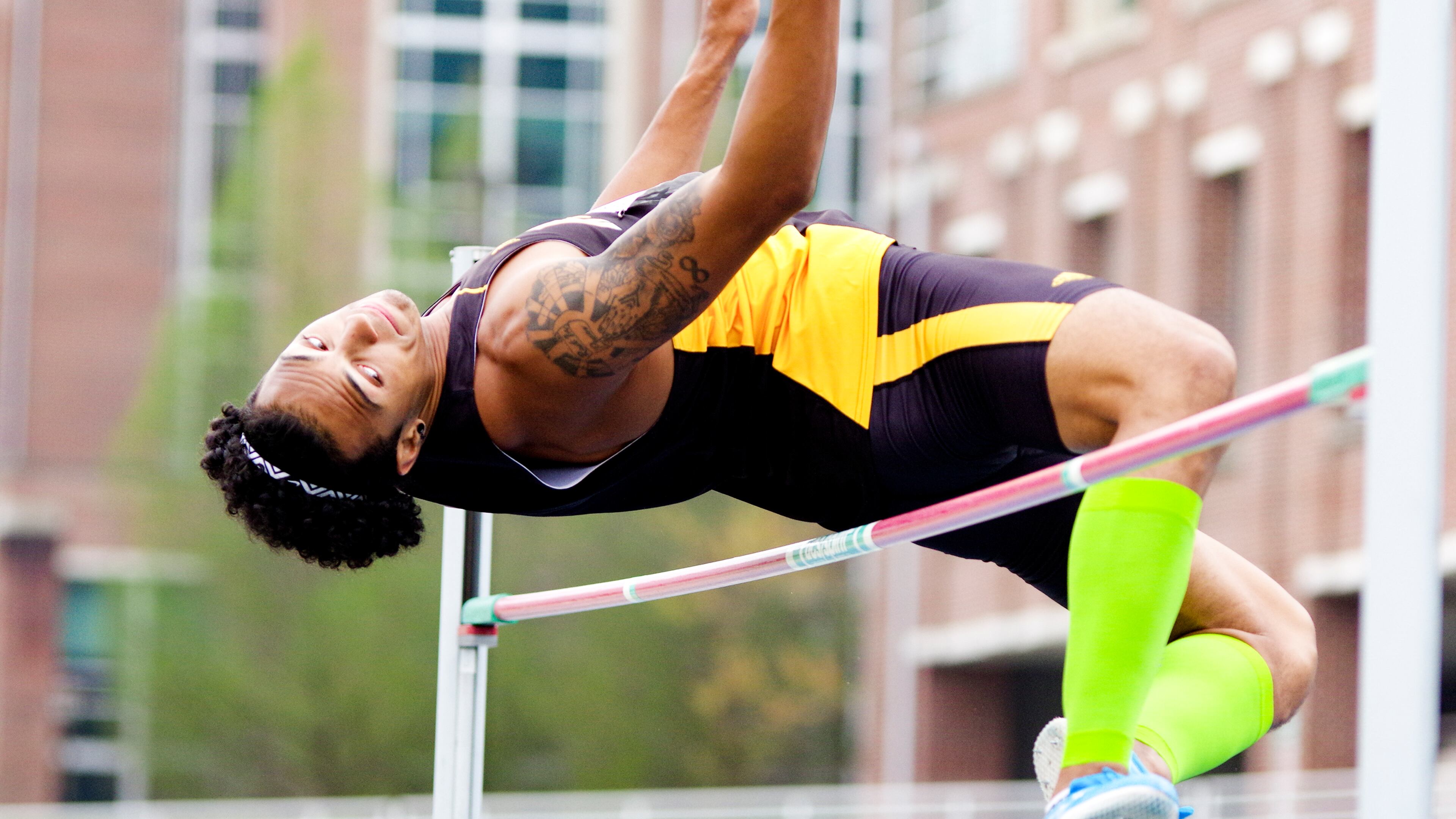 Former Kennesaw State Owl Andre Dorsey competing in the high jump. (Mike Beaverson, from Kennesaw State)