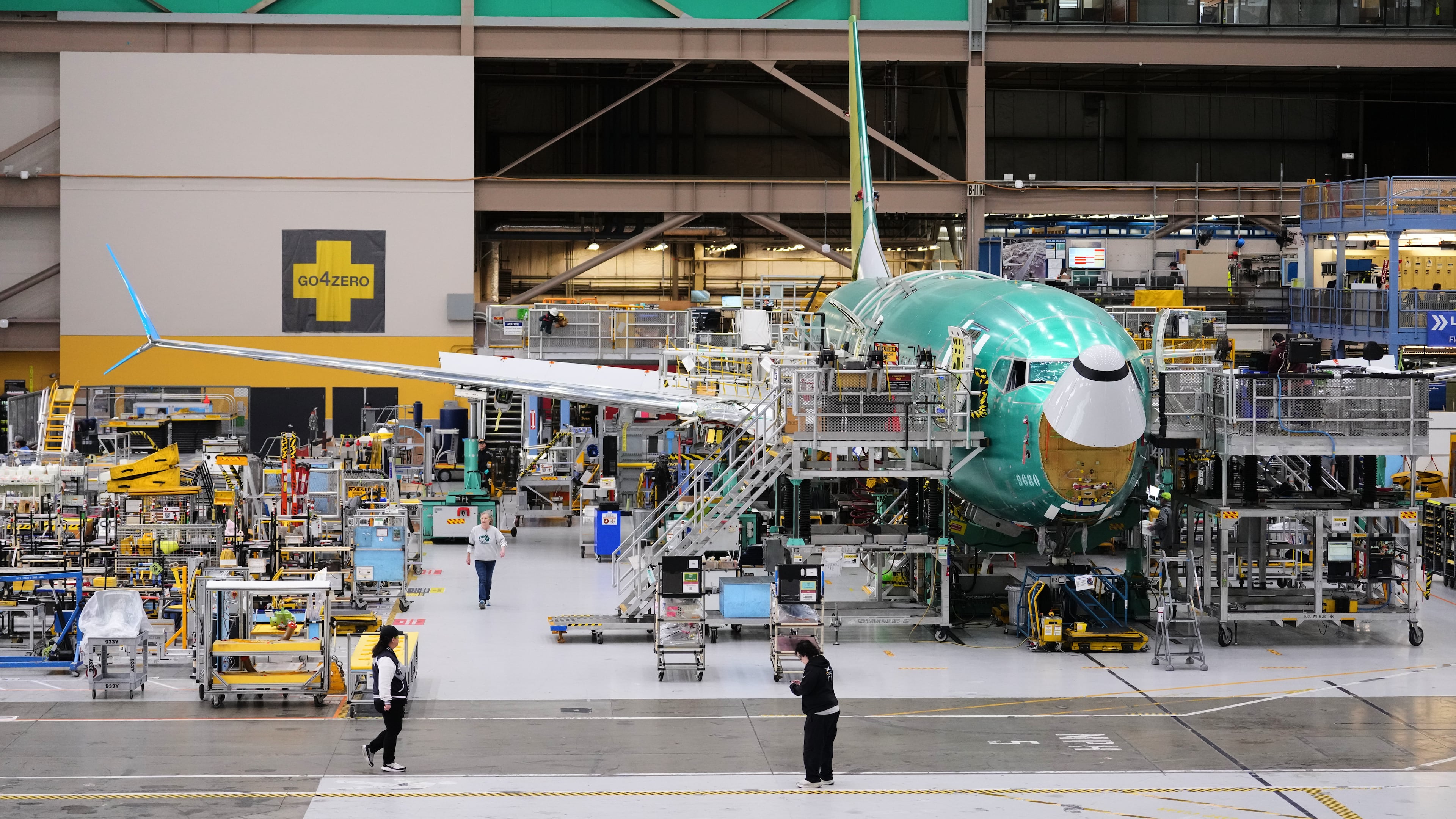 A Boeing 737 MAX airplane on the final assembly line is seen during a media tour at Boeing's factory Wednesday, April 15, 2026, in Renton, Wash. (AP Photo/Lindsey Wasson)