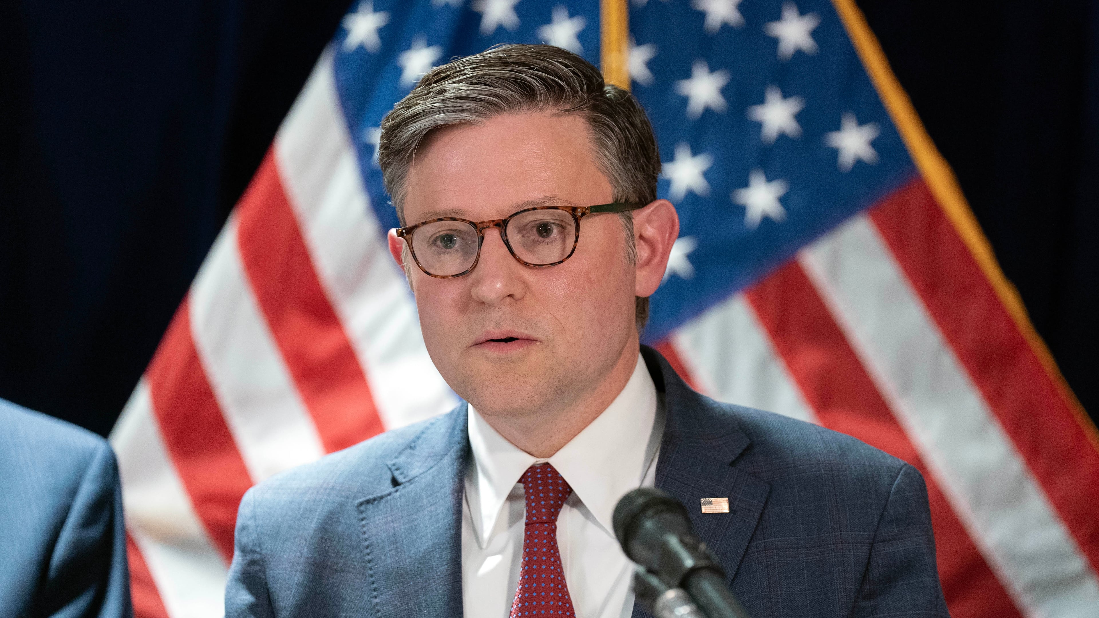 Speaker of the House Mike Johnson, R-La., speaks during a news conference on Capitol Hill, Tuesday, July 14, 2026, in Washington. (AP Photo/Jose Luis Magana)
