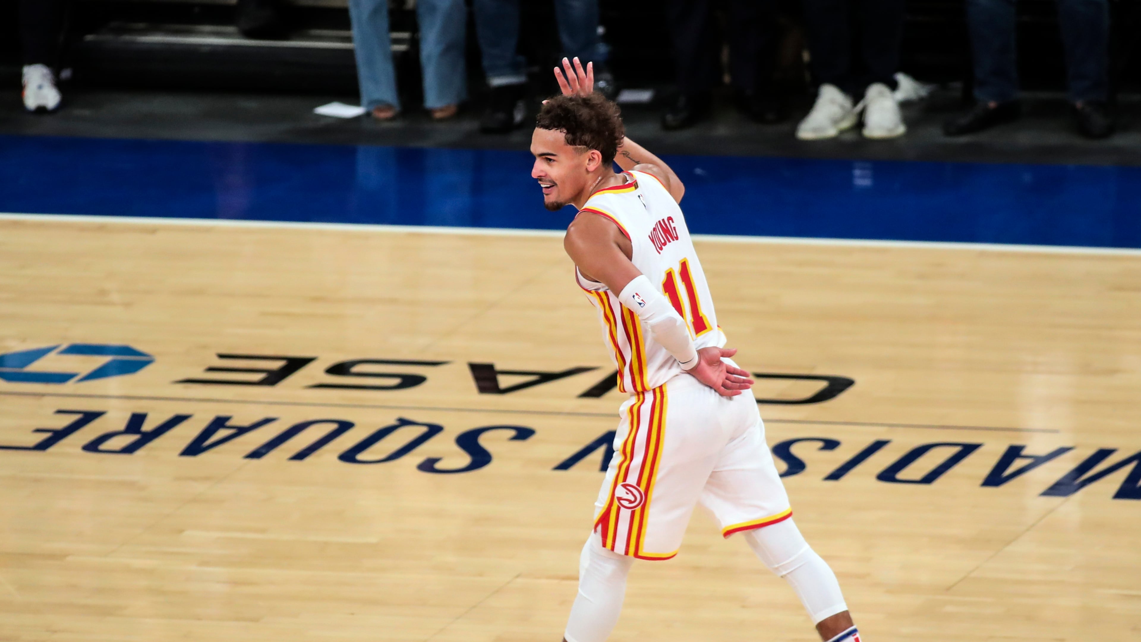 Trae Young waves to the crowd after making a three-pointer in Game 5 of the Hawks' first-round playoff series against the Knicks on Wednesday, June 2, 2021, in New York. (Wendell Cruz/Pool Photo via AP)