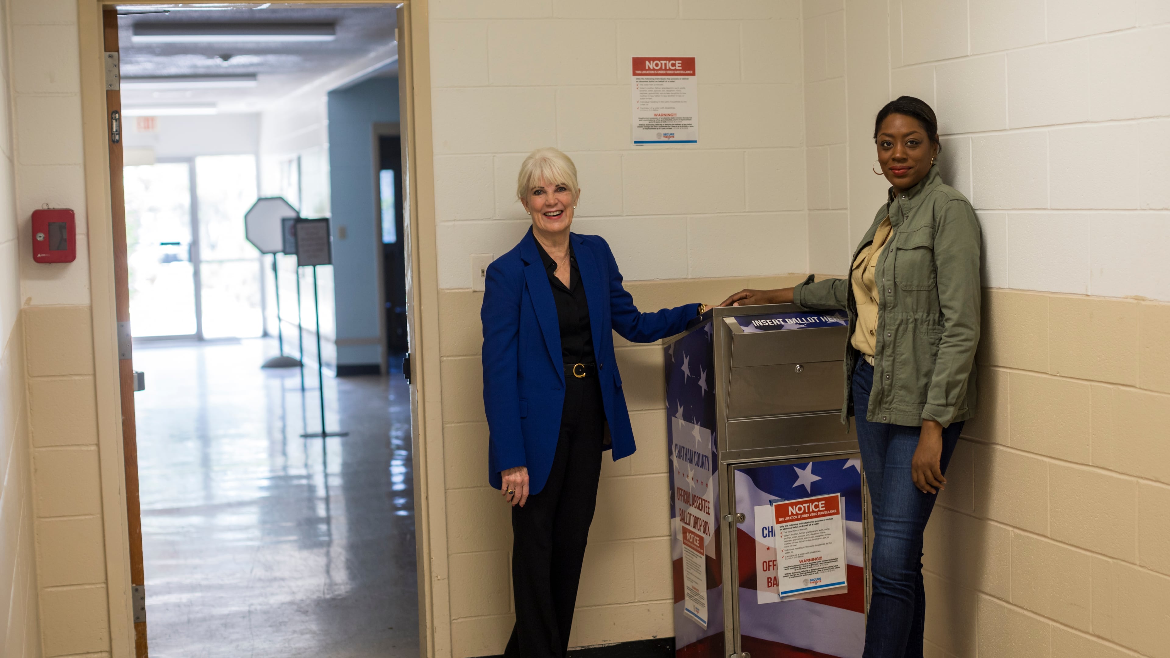 SAVANNAH, GA - APRIL17, 2024: Nina Altschiller, left, and Chassidy Malloy, right, of the League of Women Voters of Coastal Georgia, stopped by the Chatham County Voter Registration auxiliary office for a photo, Wednesday, April 17, 2024, in Savannah, Ga. (AJC Photo/Stephen B. Morton)