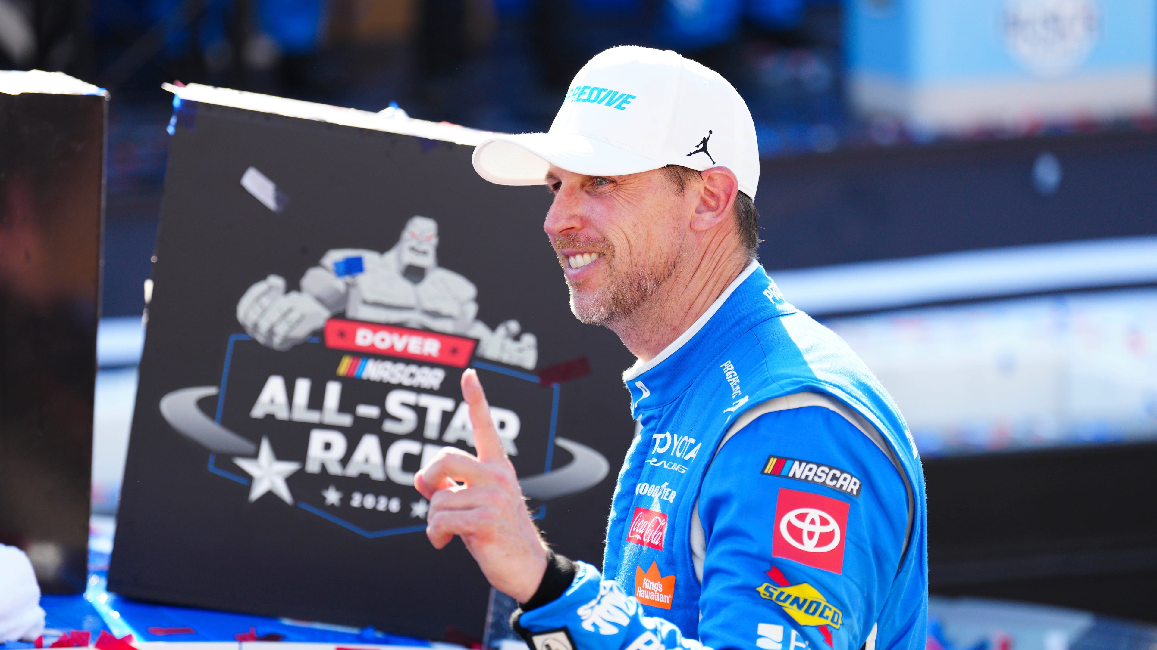 Denny Hamlin celebrates in Victory Lane after winning the NASCAR All-Star auto race at Dover Motor Speedway, Sunday, May 17, 2026, in Dover, Del. (AP Photo/Derik Hamilton)