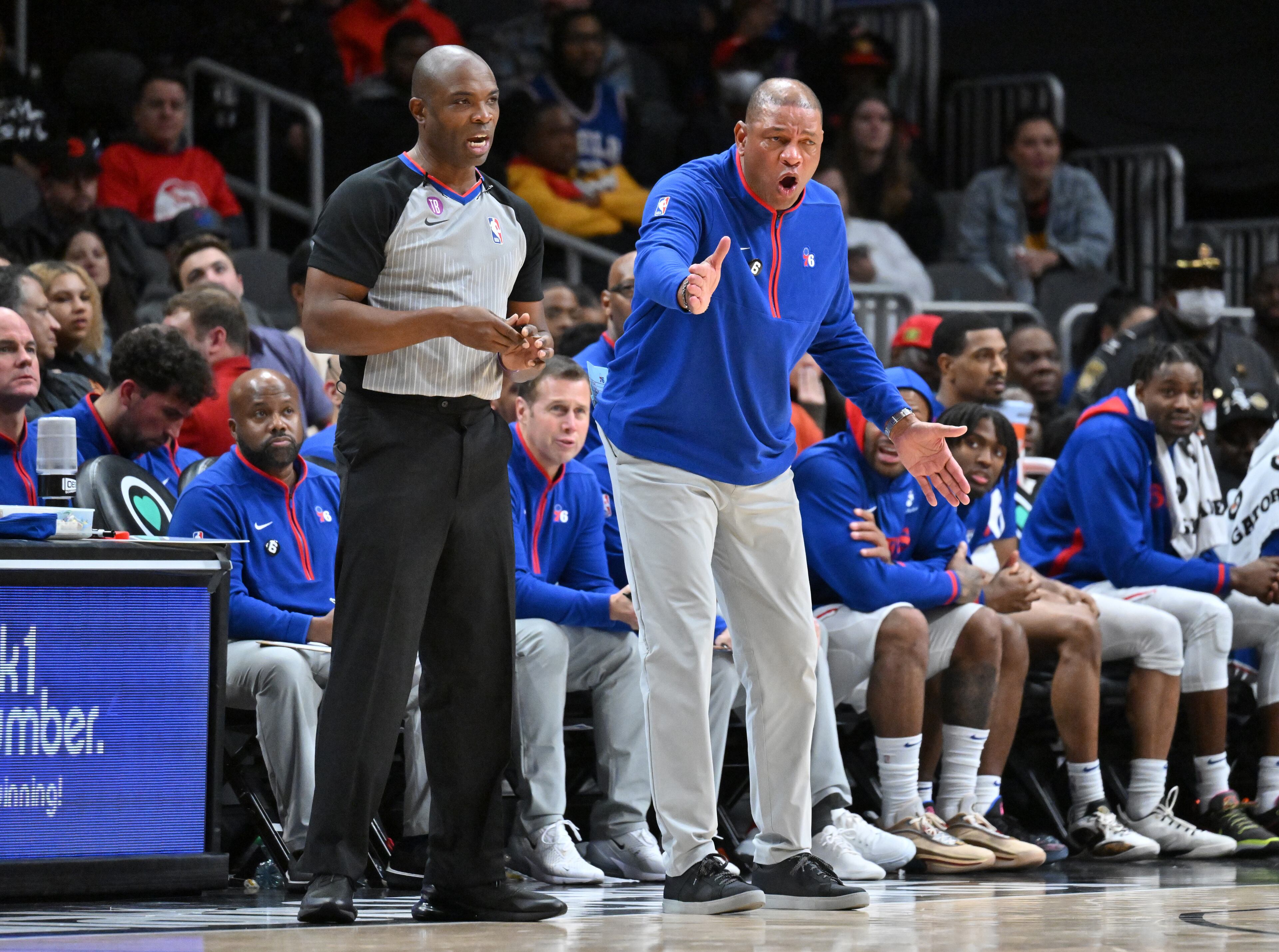 Philadelphia 76ers’ head coach Doc Rivers shouts instructions during the second half. (Hyosub Shin / Hyosub.Shin@ajc.com)