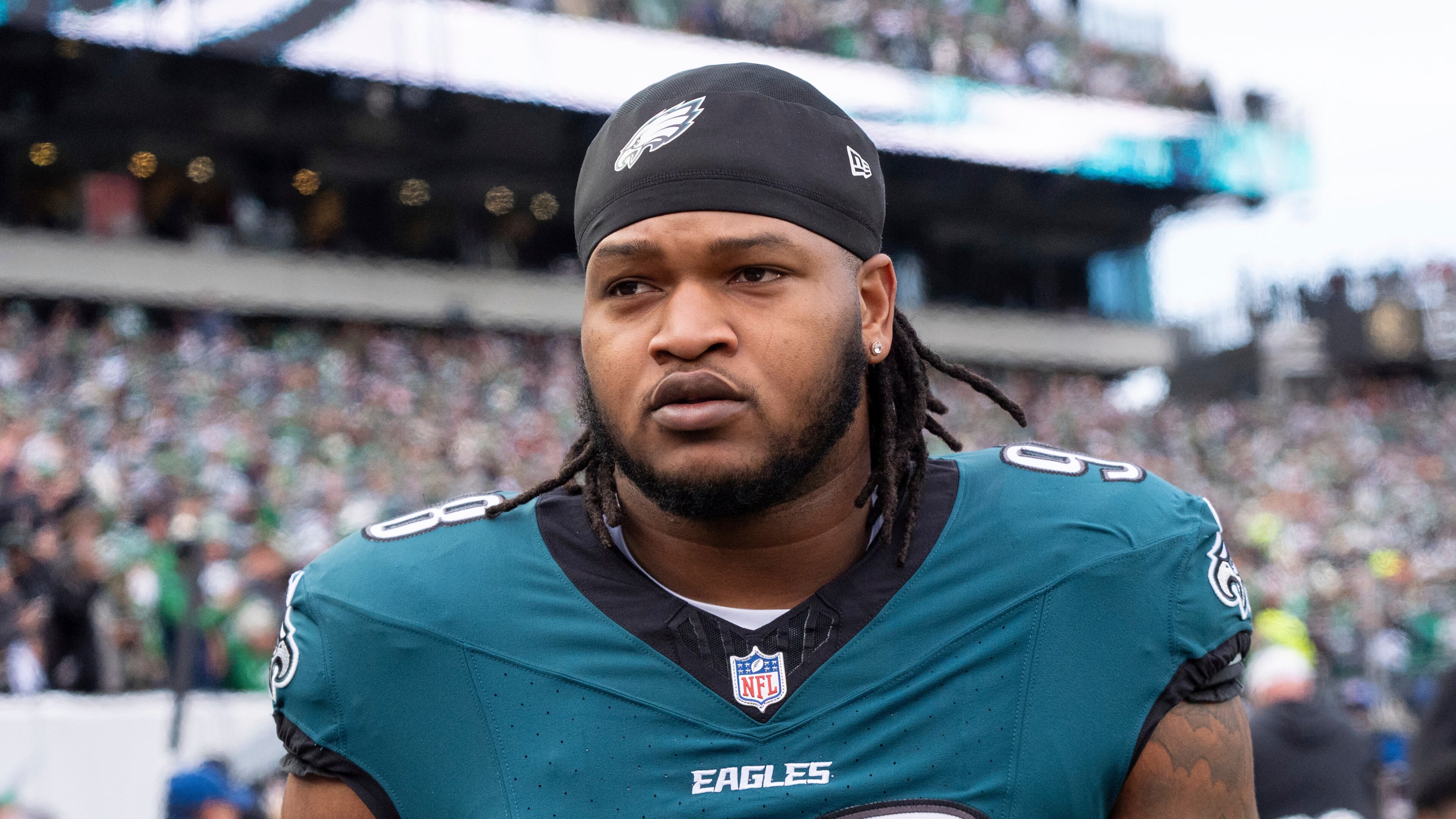 Philadelphia Eagles defensive tackle Jalen Carter (98) looks on during the NFL championship playoff football game against the Washington Commanders, Sunday, Jan. 26, 2025, in Philadelphia. (Chris Szagola/AP)