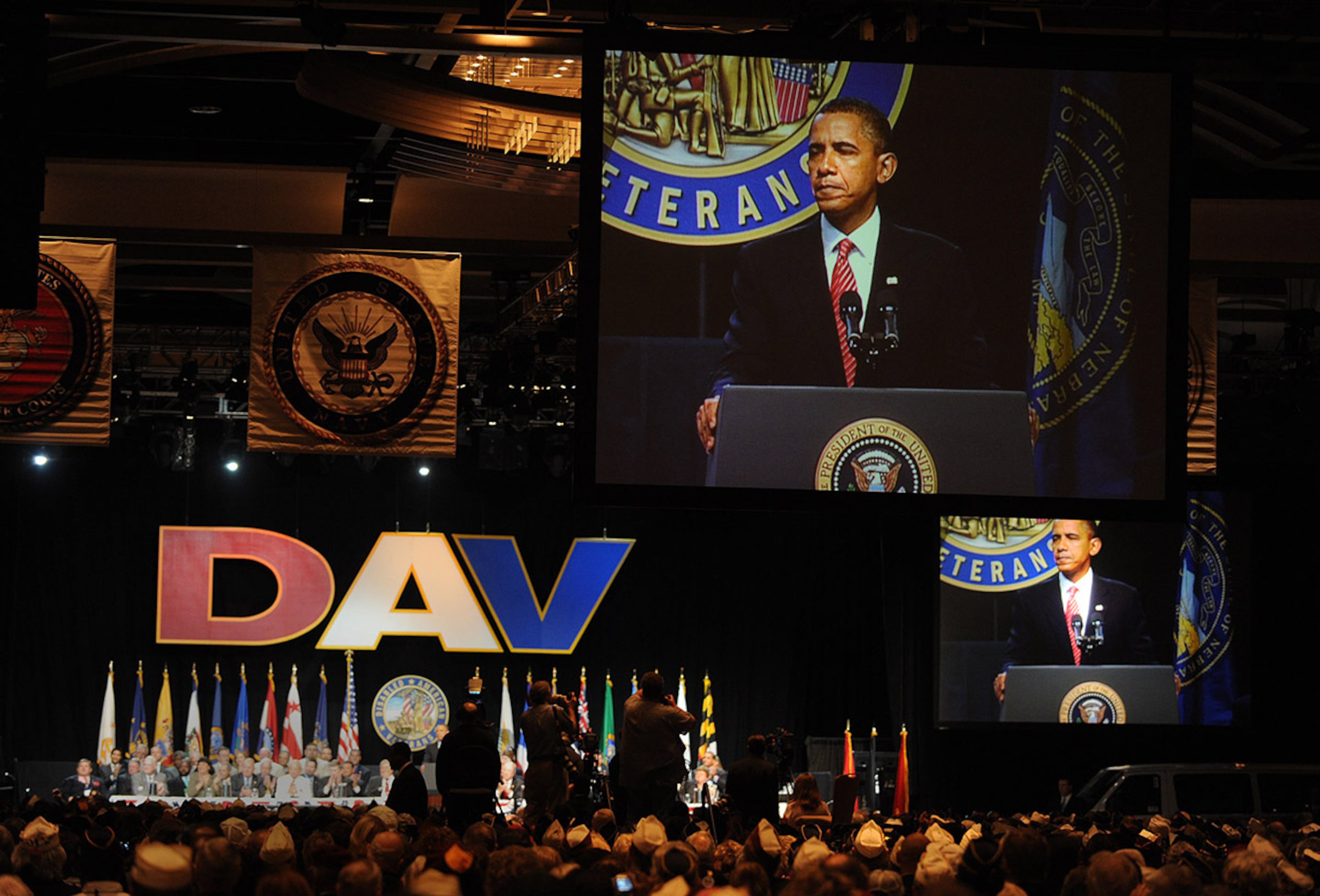 AUG. 2, 2010: Obama's first visit to Atlanta was to make a speech on a variety of foreign and domestic issues at the Disabled American Veteransâ convention at the Hyatt Regency. (JOHNNY CRAWFORD / jcrawford@ajc.com)