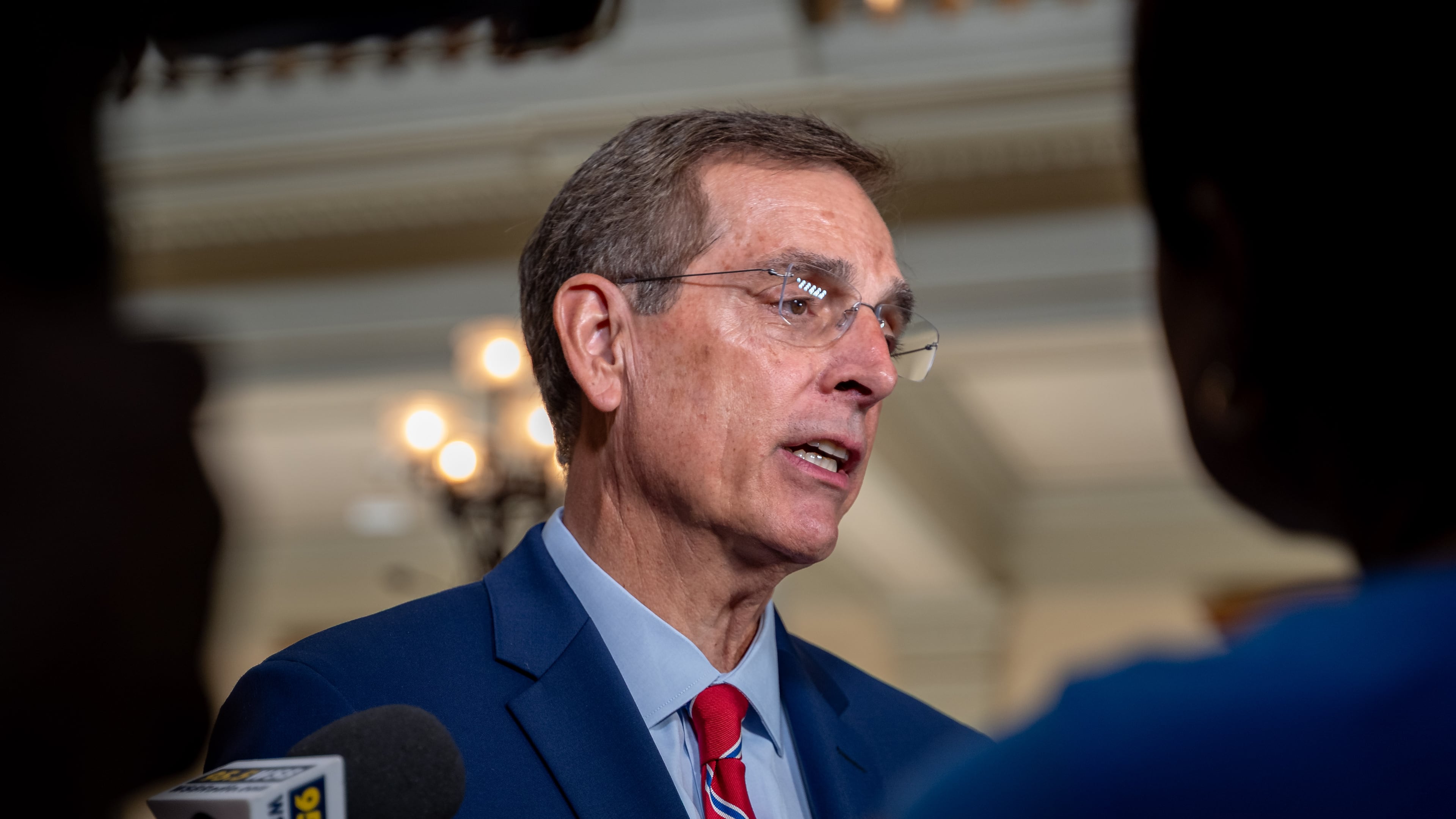 Georgia Secretary of State Brad Raffensperger speaks to the media in the state capital south atrium. Wednesday, July 16, 2025 (Ben Hendren for the AJC)