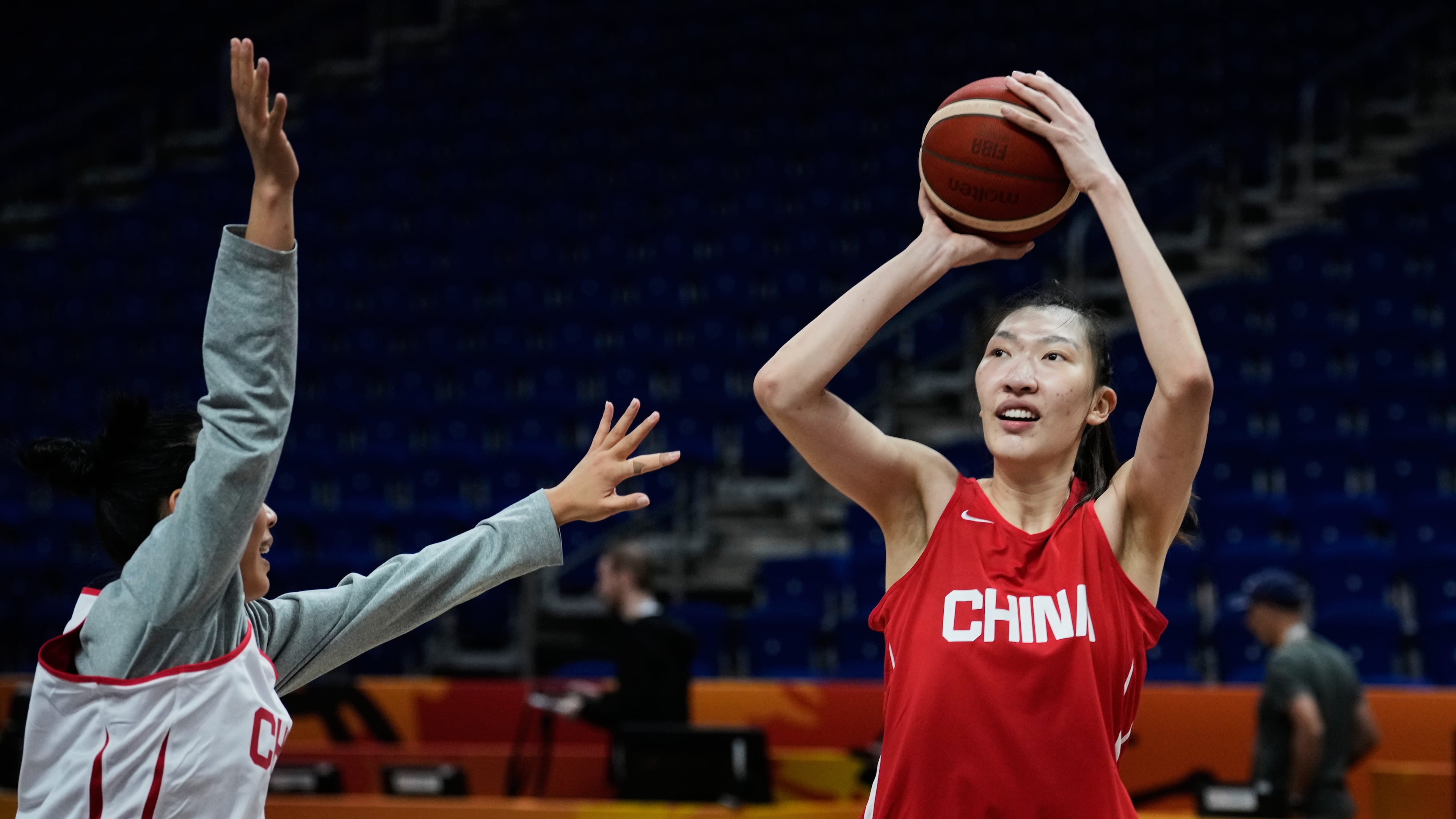 Han Xu of China practices during a training session ahead of the match between China and United States during the Women's Basketball World Cup in Berlin, Germany, Wednesday, Sept. 2, 2026. (AP Photo/Ebrahim Noroozi)