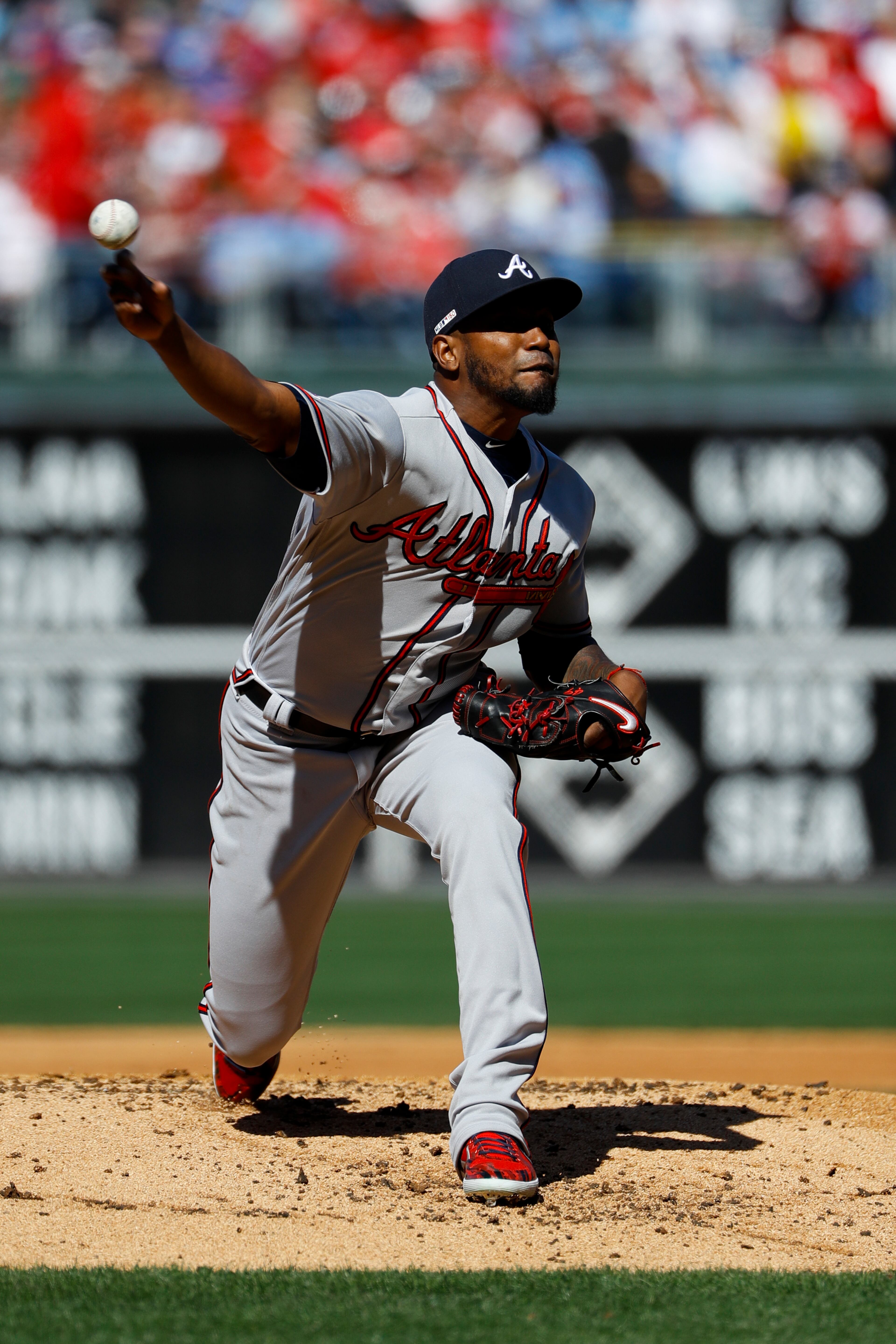Atlanta Braves' Julio Teheran pitches during the first inning of an opening day baseball game against the Philadelphia Phillies, Thursday, March 28, 2019, in Philadelphia. (AP Photo/Matt Slocum)