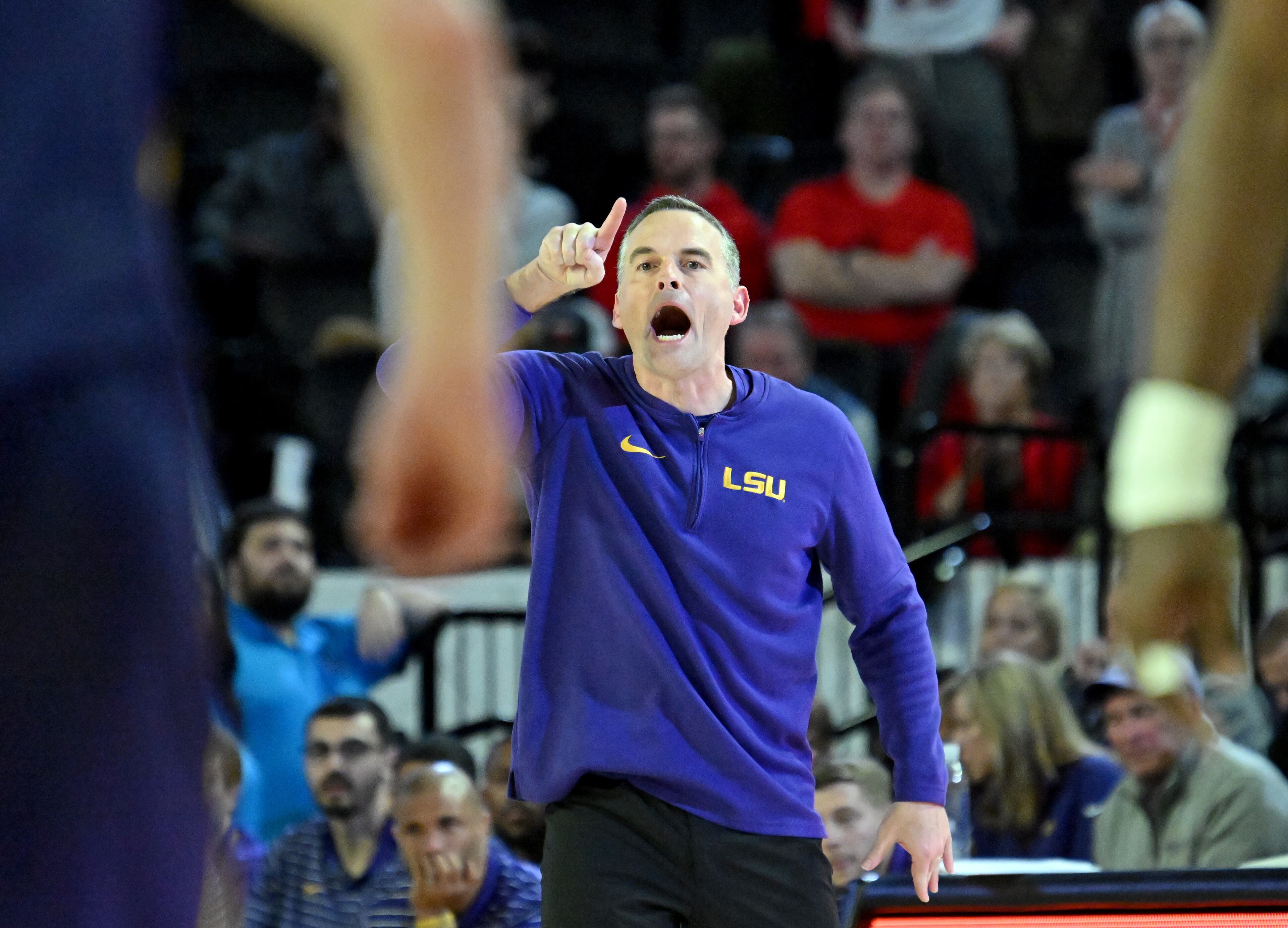 LSU head coach Matt McMahon shouts instructions during the second half of an NCAA college basketball game at Stegeman Coliseum, Wednesday, January 24, 2024, in Athens. Georgia won 68-66 over LSU. (Hyosub Shin / Hyosub.Shin@ajc.com)