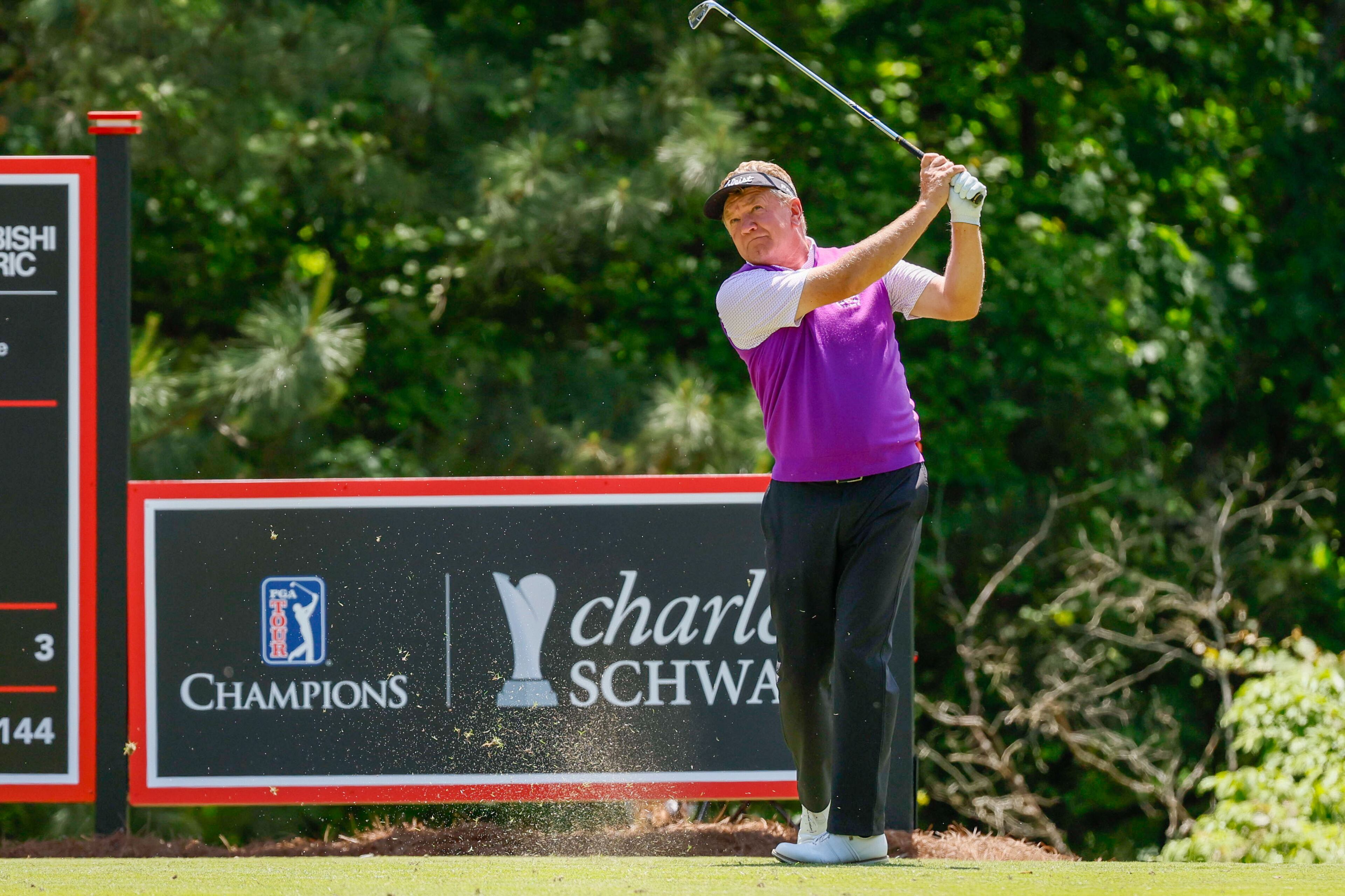 Paul Broadhurst tees off on the second hole during the final round of the Mitsubishi Classic senior golf tournament at TPC Sugarloaf, Sunday, April 28, 2024, in Duluth, Ga.
(Miguel Martinez / AJC)