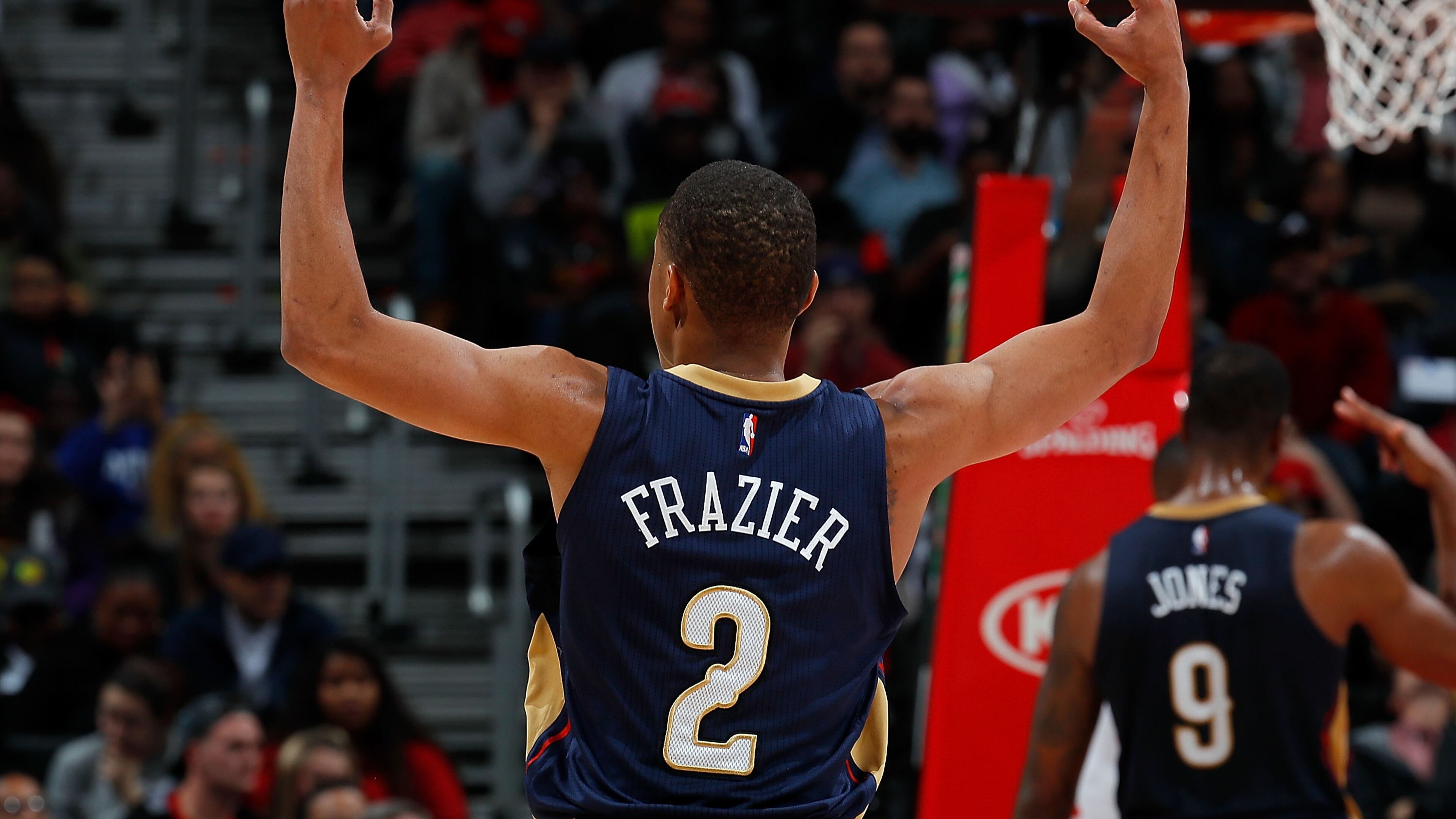 ATLANTA, GA - NOVEMBER 22: Tim Frazier #2 of the New Orleans Pelicans reacts after hitting a three-point basket against the Atlanta Hawks at Philips Arena on November 22, 2016 in Atlanta, Georgia. NOTE TO USER User expressly acknowledges and agrees that, by downloading and or using this photograph, user is consenting to the terms and conditions of the Getty Images License Agreement. (Photo by Kevin C. Cox/Getty Images)