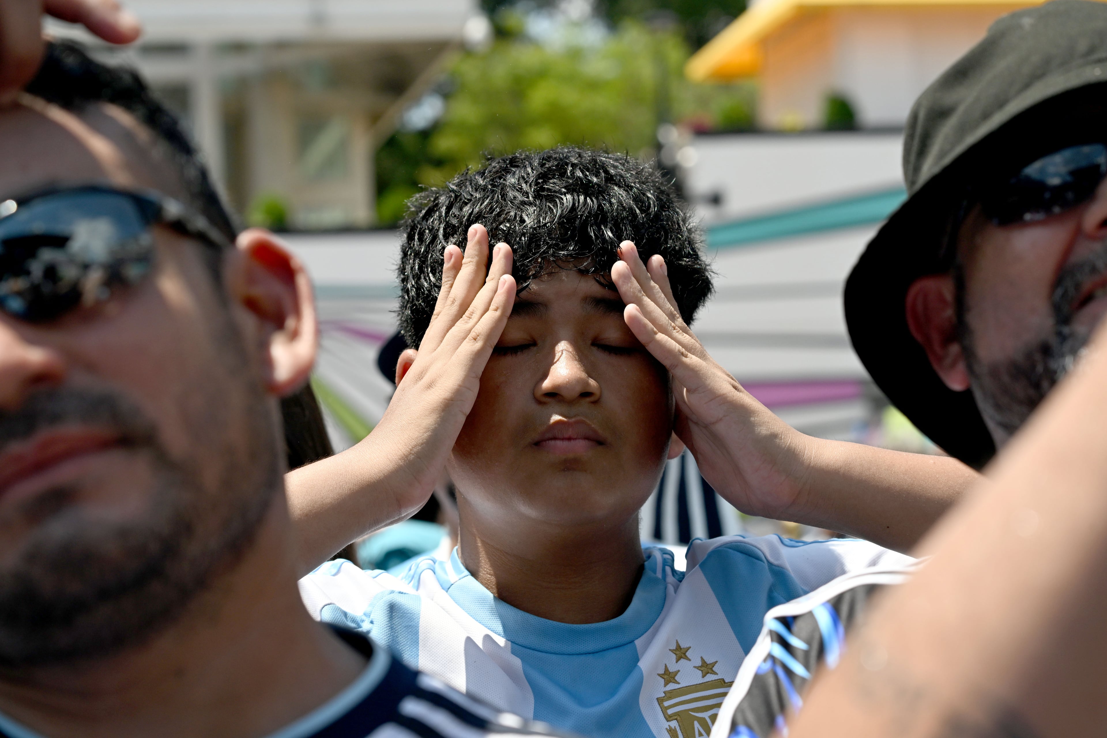 Argentina fans react as they gather at Underground Atlanta to watch the FIFA World Cup semifinal between Argentina and England on Wednesday, July 15, 2026, in Atlanta. (Hyosub Shin/AJC)