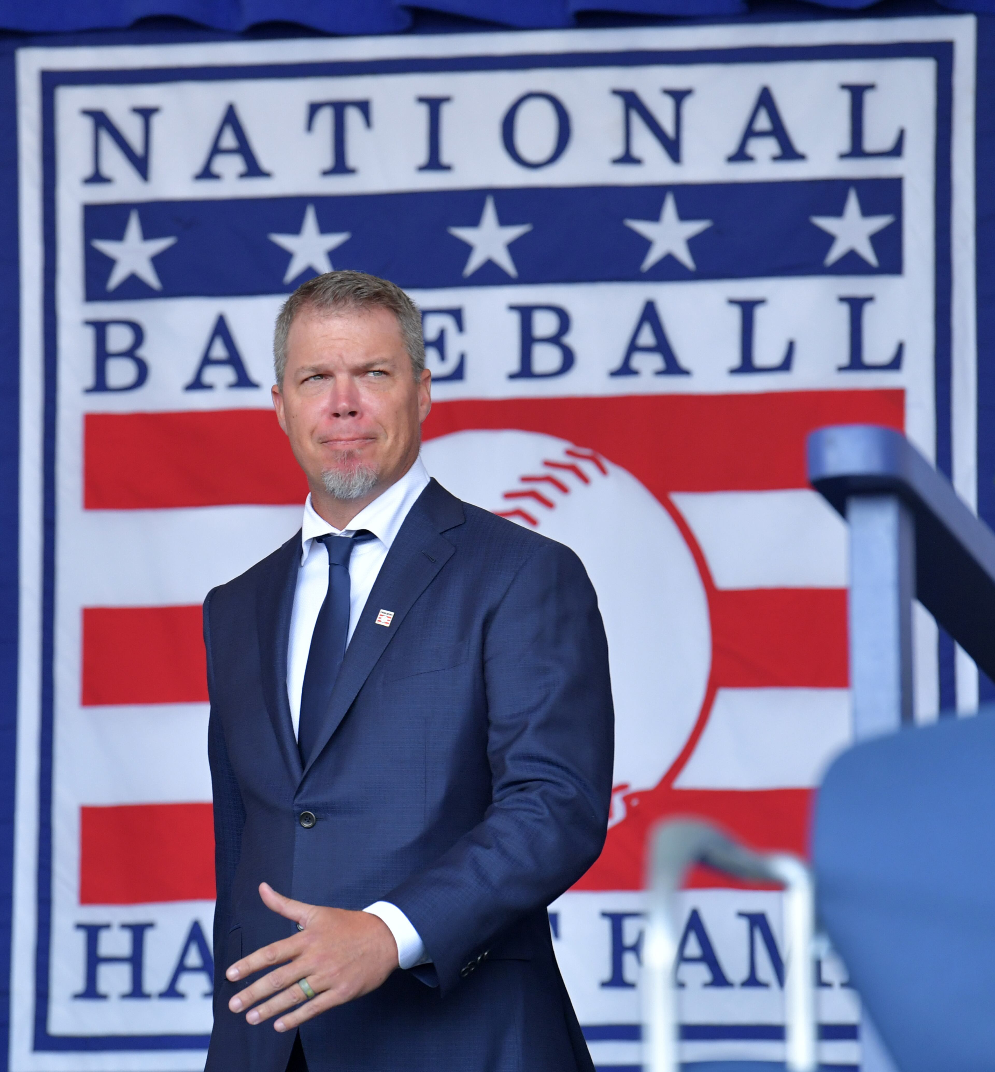 CHIPPER JONES INDUCTED IN HALL OF FAME: Cooperstown, N.Y. - Braves legend Chipper Jones takes on the stage for the 2018 National Baseball Hall of Fame Induction Ceremony at the Clark Sports Center in Cooperstown, N.Y. on Sunday, July 29, 2018. Longtime Brave Chipper Jones entered the National Baseball Hall of Fame Sunday, July 29, 2018, in Cooperstown, N.Y. HYOSUB SHIN / HSHIN@AJC.COM
