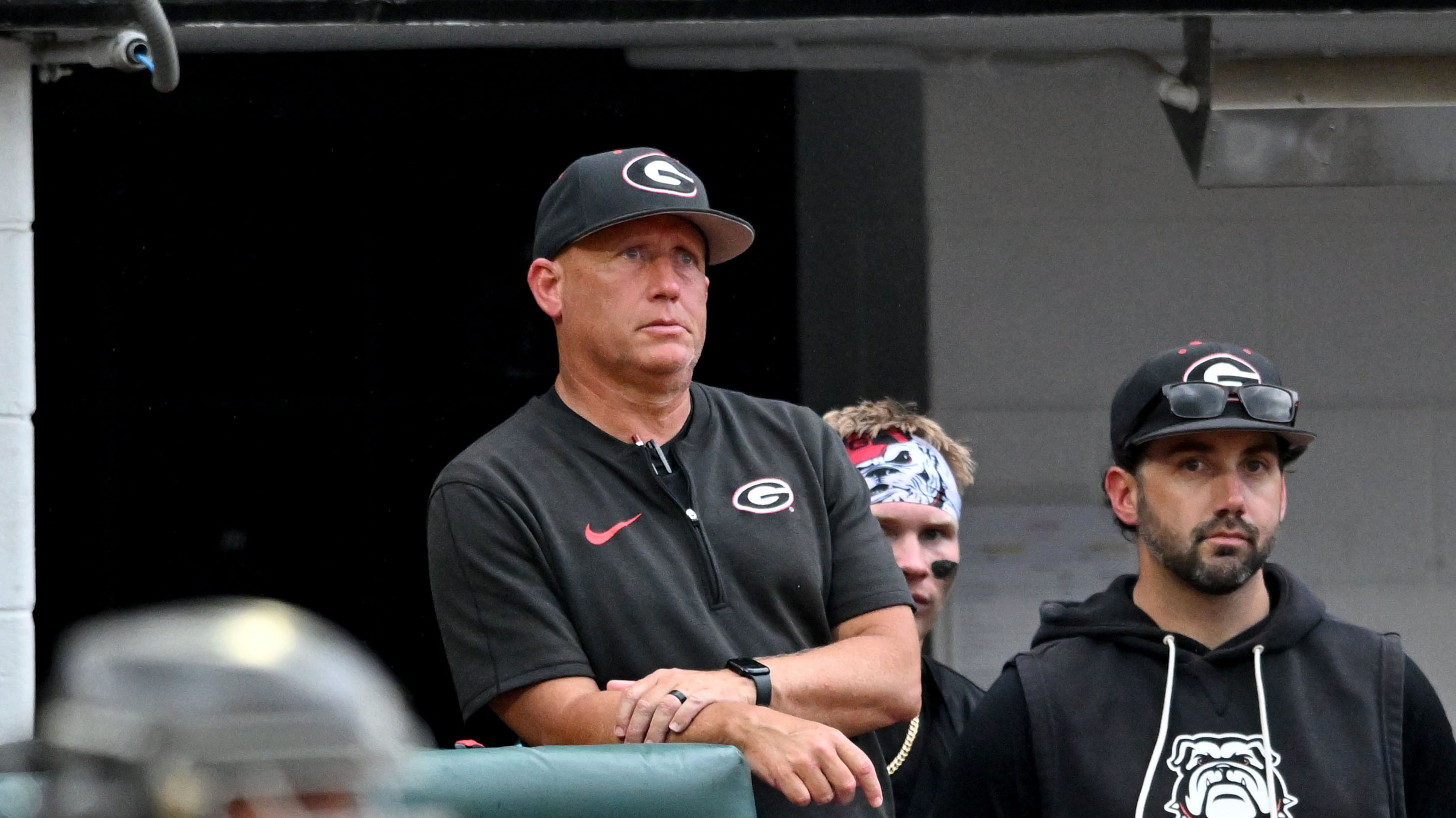 Georgia head coach Wes Johnson watches during the fifth inning of their NCAA Regional game at Foley Field, Friday, May 29, 2026, in Athens. (Hyosub Shin/AJC)