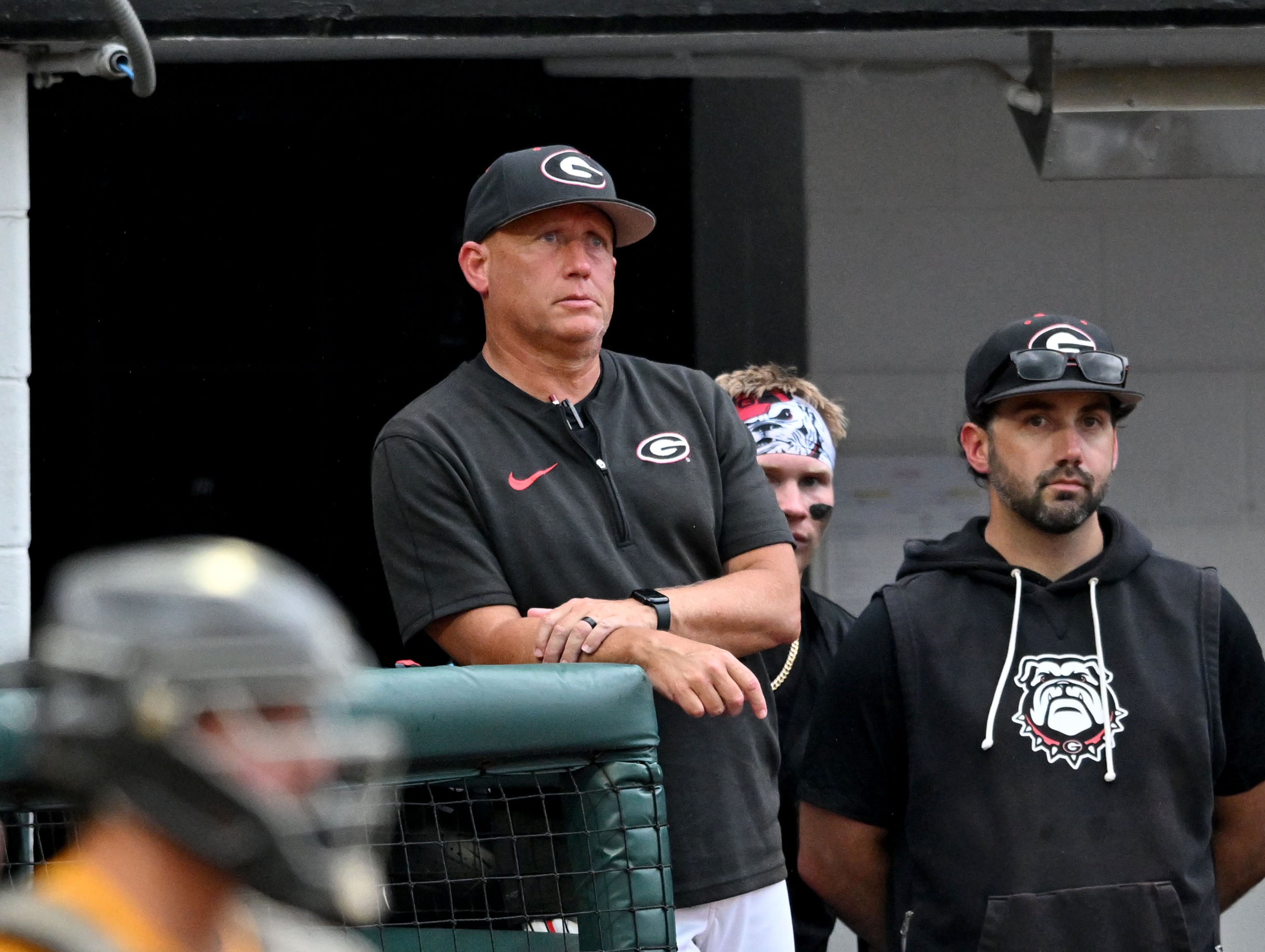 Georgia head coach Wes Johnson watches during the fifth inning of their NCAA Regional game at Foley Field, Friday, May 29, 2026, in Athens. (Hyosub Shin/AJC)
