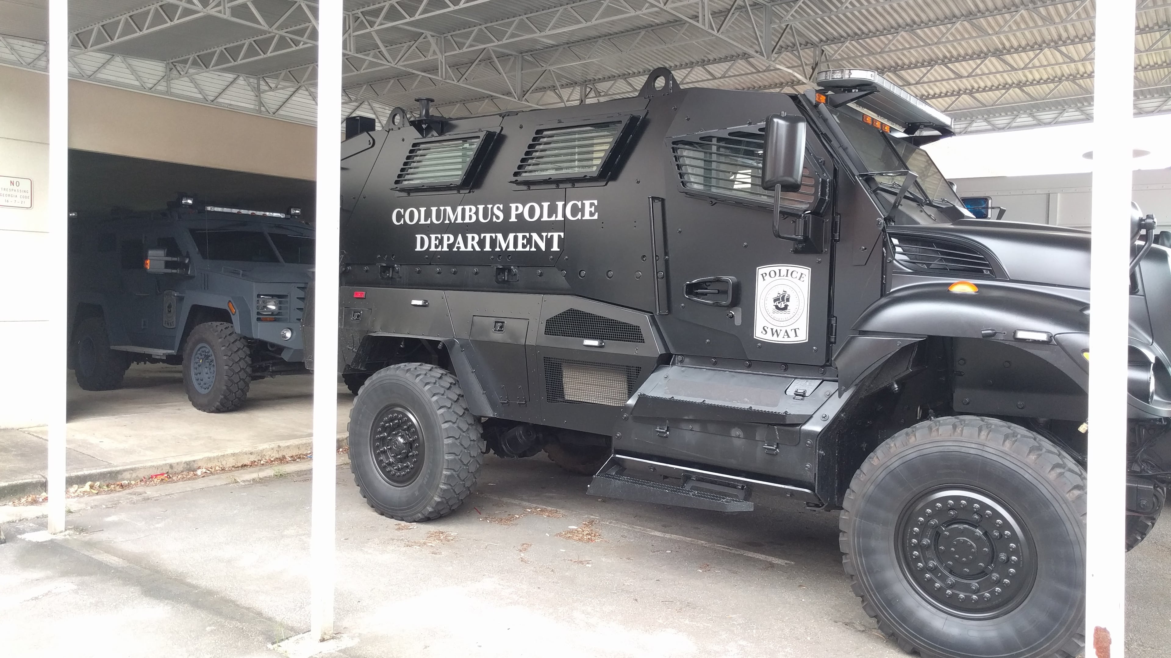 A Columbus Police Department "mrap," a former military vehicle that can be used for rescues in flooded streets.
