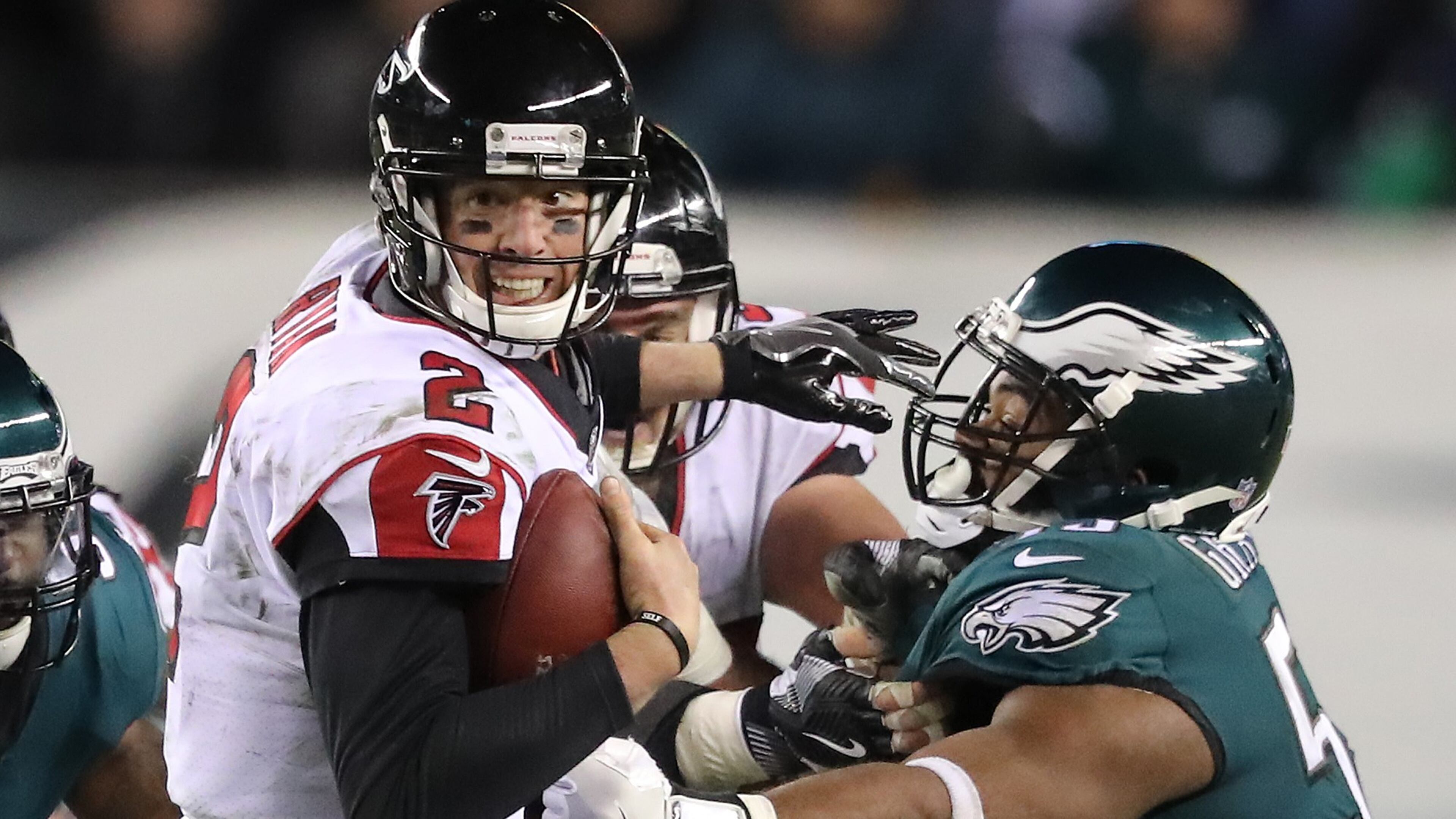 Eagles defensive end Brandon Graham sacks Falcons Matt Ryan during the second half in their NFC Divisional Game on Saturday, January 13, 2018, in Philadelphia. Curtis Compton/ccompton@ajc.com