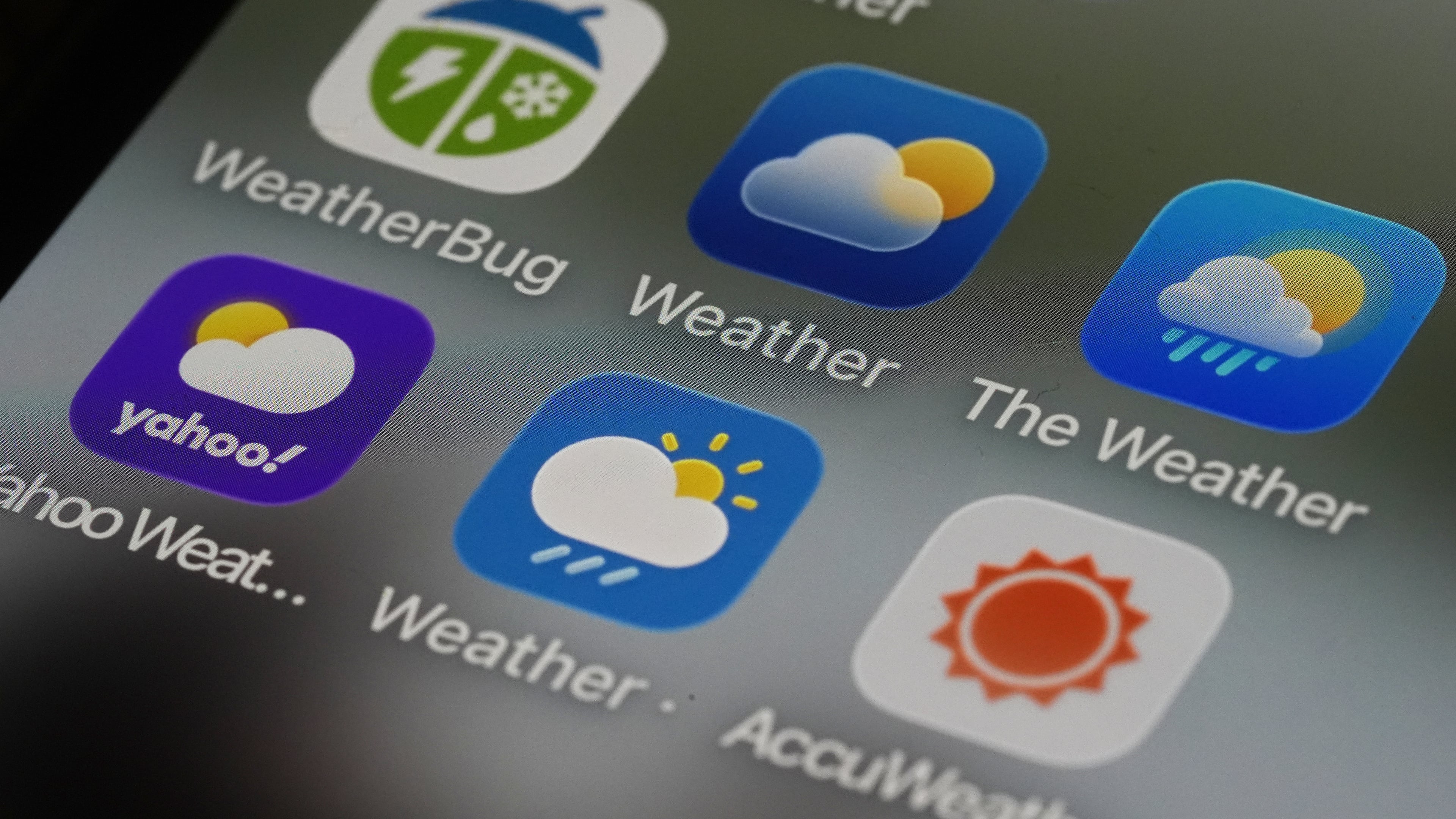 This photo shows various weather apps arranged on a smartphone in Glenside, Pa., Thursday, Jan. 22, 2026. (AP Photo/Matt Rourke)