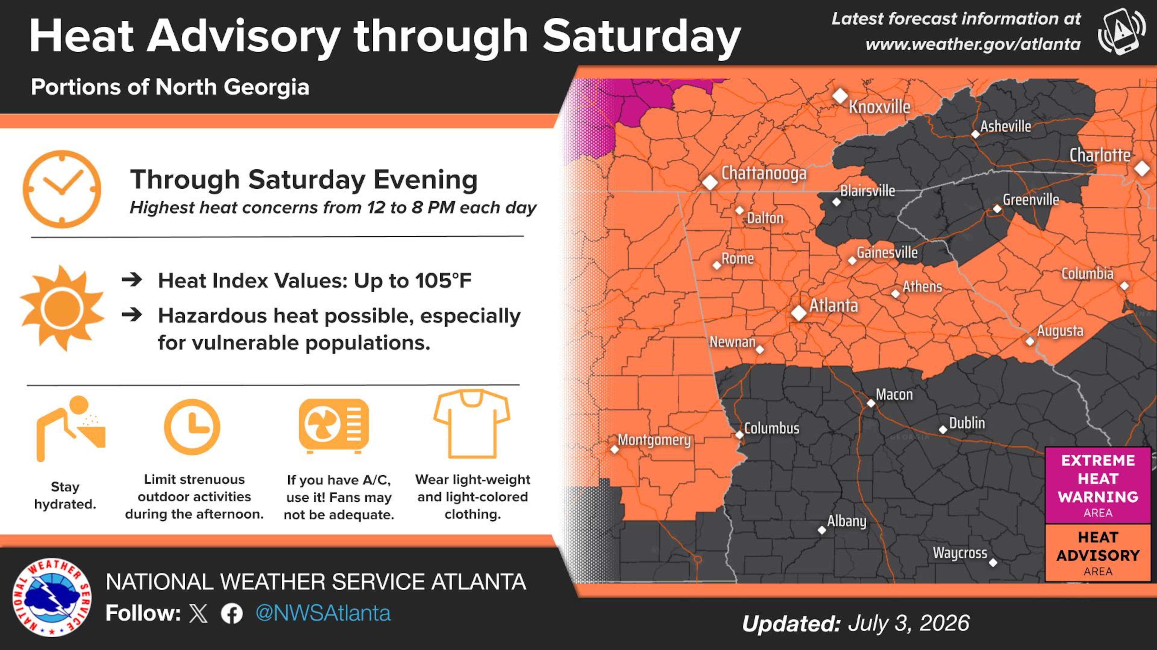 A heat advisory will remain in effect through 8 p.m. Saturday. (Courtesy of NWS)