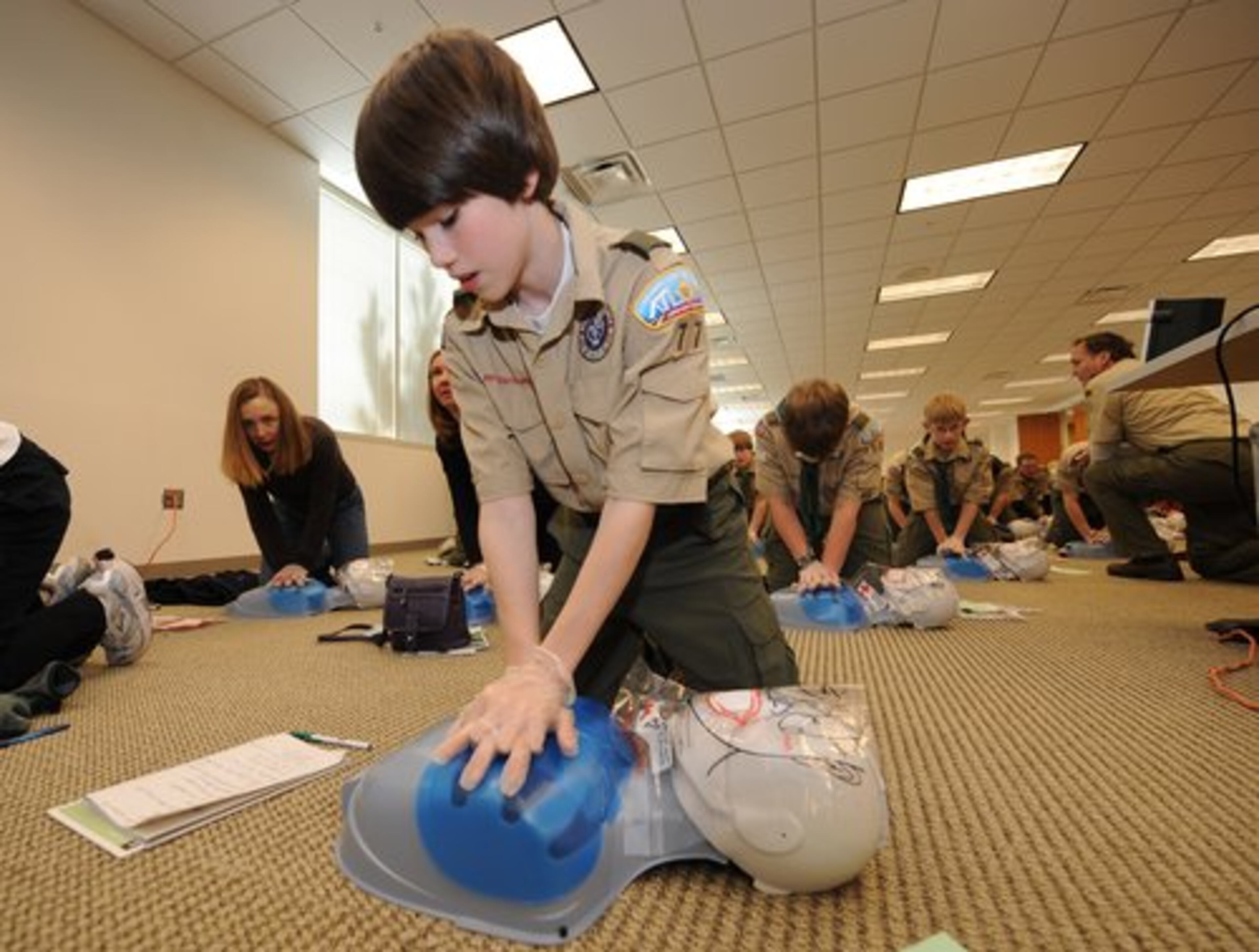 Boy Scout Mason Cary, 13, Decatur, was one of the 300 Boy Scouts and Scout Leaders learning the art of Cardio Pulmonary Resuscitation (CPR) on Scout CPR Saturday at the Boy Scouts of America's Atlanta Area Council Office on Saturday, March 6, 2010. The classes were taught by the American Red Cross and certified Scout leaders. Students also learned how to use AEDs (Automated External Defibulators).