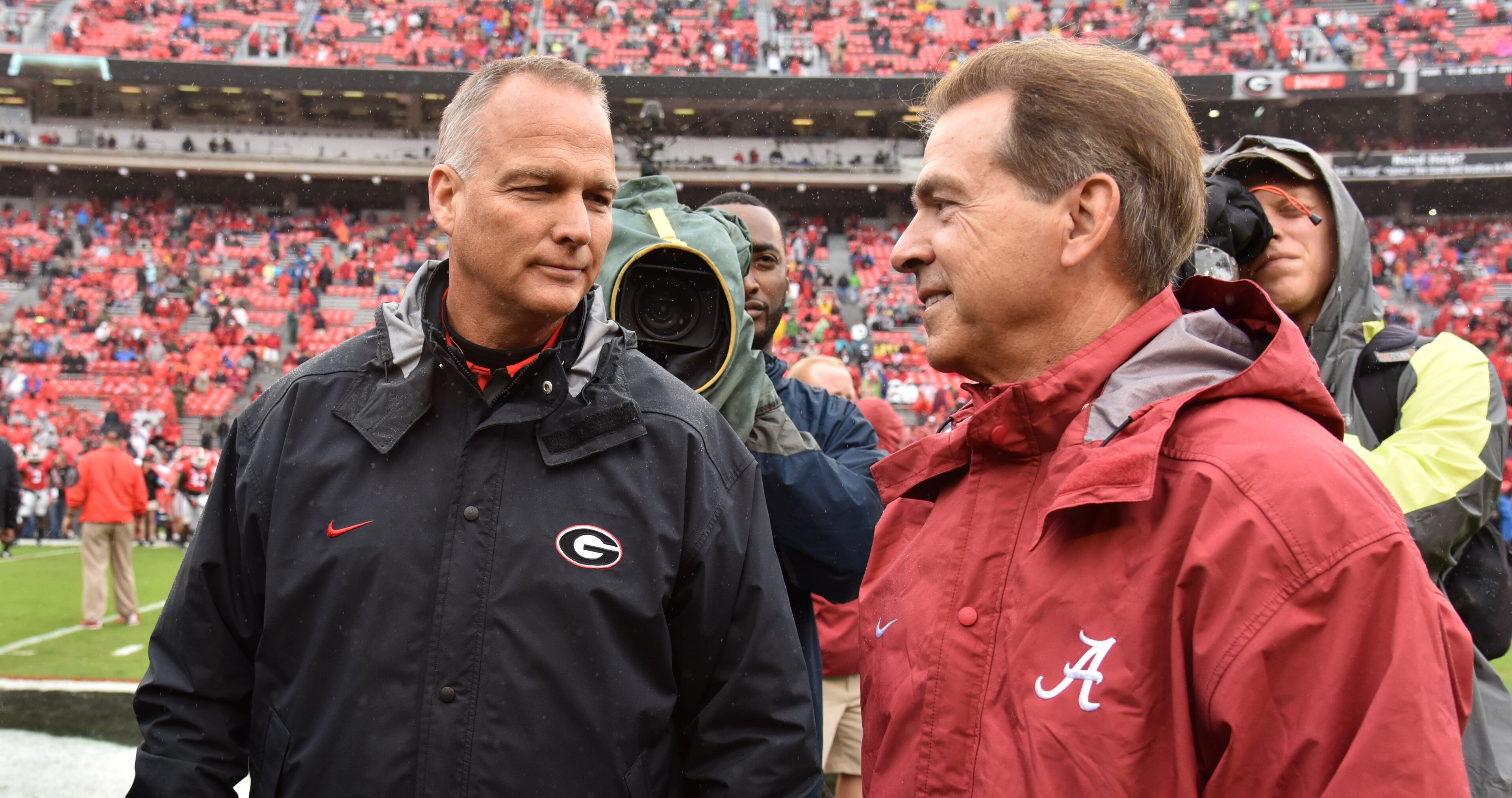 Brant Sanderlin's photo from the Georgia-Alabama game in Athens in 2015. Mark Richt and Nick Saban on the field prior to the game. Alabama defeated Georgia 38-10.
