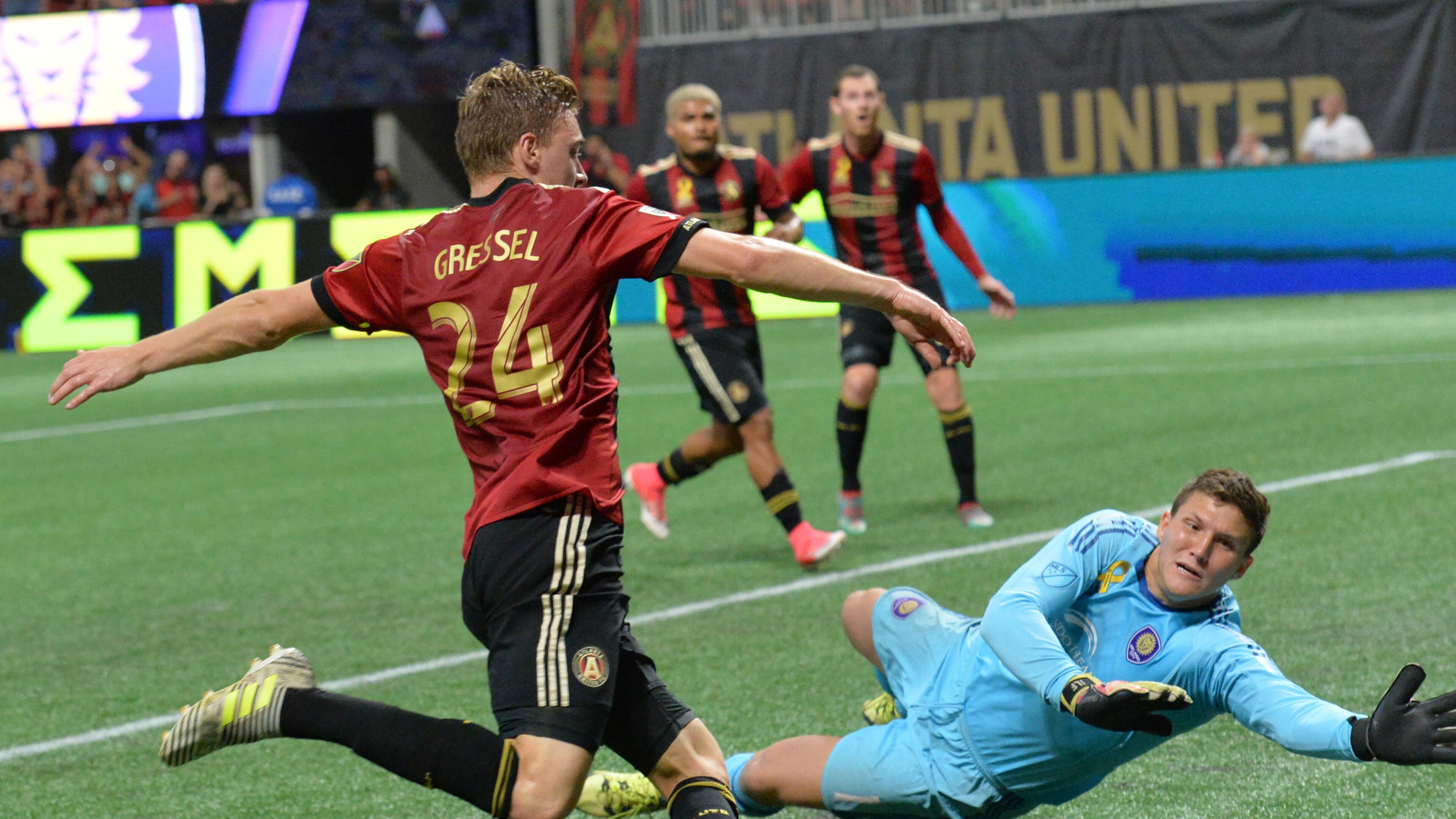 September 16, 2017 Atlanta - Atlanta United defender Julian Gressel (24) scores past Orlando City SC goalkeeper Joseph Bendik (1) in the first half of an MLS soccer match at the Mercedes-Benz Stadium on Saturday, September 16, 2017. HYOSUB SHIN / HSHIN@AJC.COM