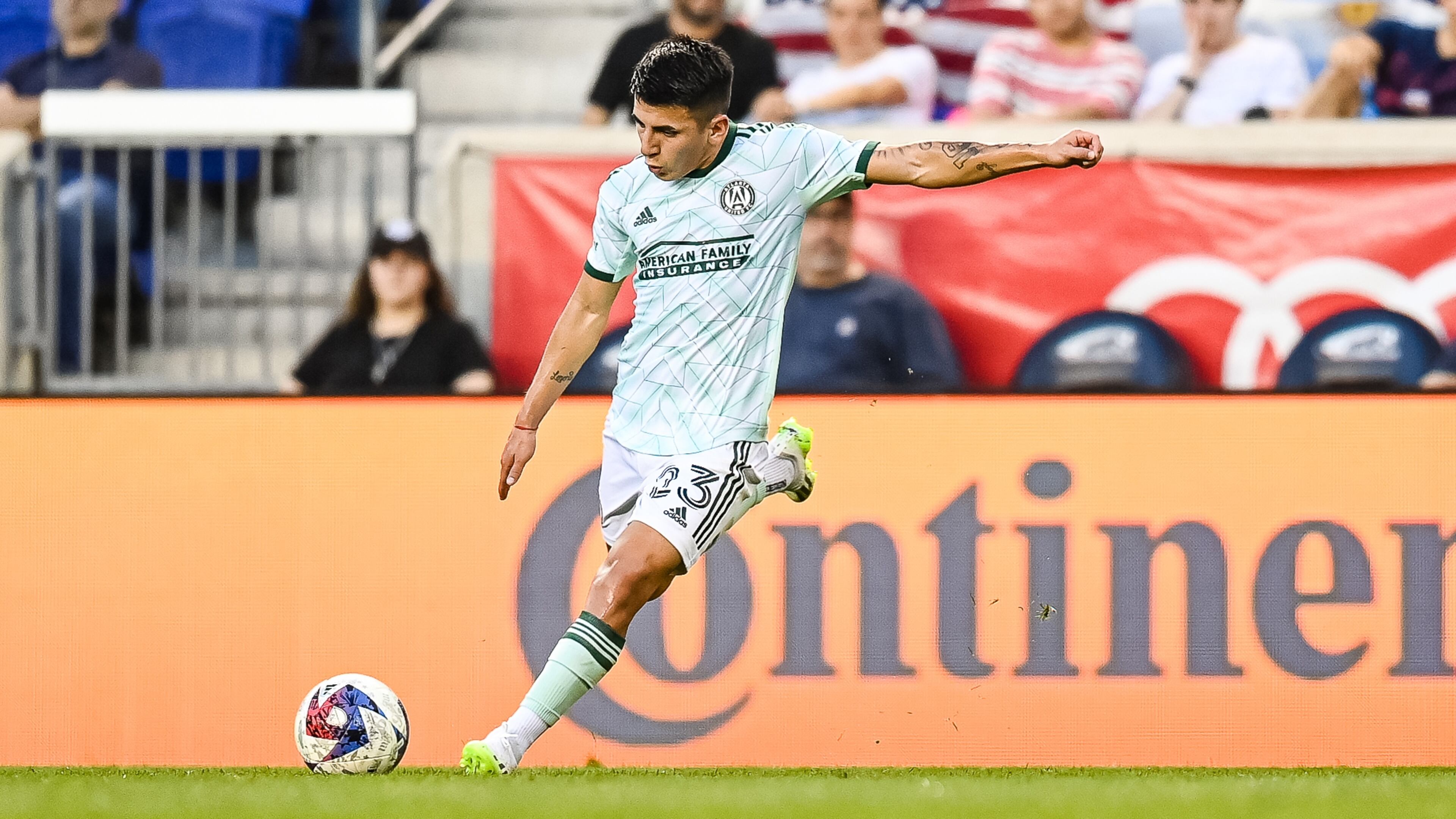 Atlanta United midfielder Thiago Almada kicks the ball during the match against New York Red Bulls at Red Bull Arena in Harrison, NJ on Saturday June 24, 2023. (Photo by Mitchell Martin/Atlanta United)