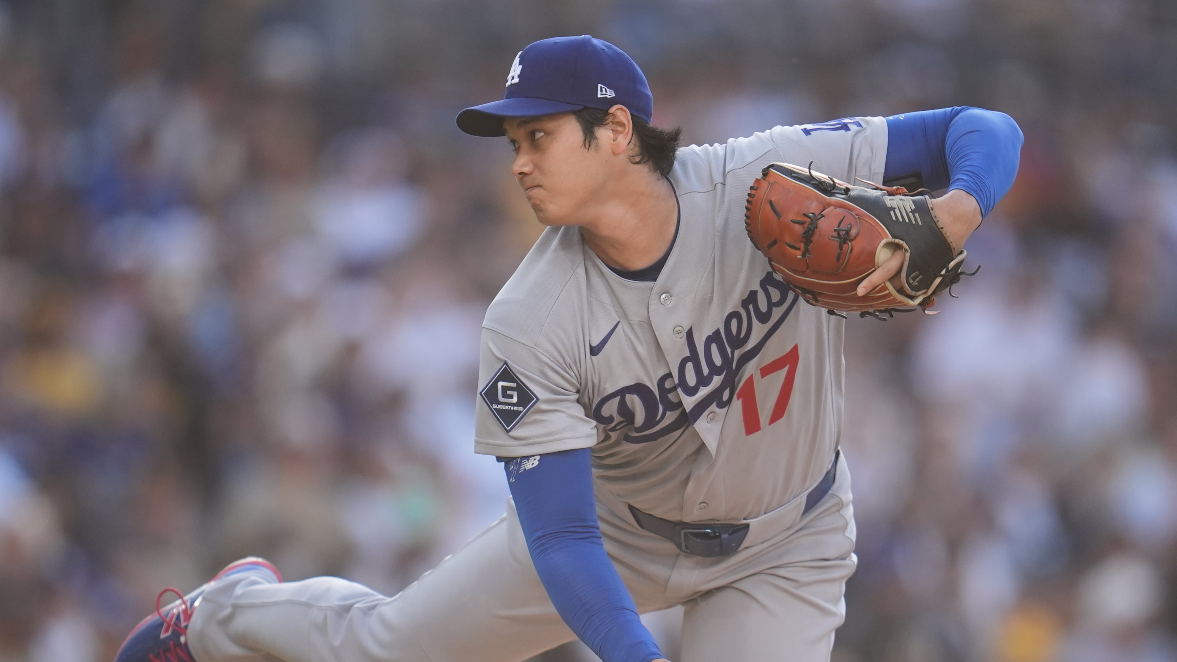 Los Angeles Dodgers starting pitcher Shohei Ohtani works against a San Diego Padres batter during the first inning of a baseball game Wednesday, May 20, 2026, in San Diego. (AP Photo/Gregory Bull)