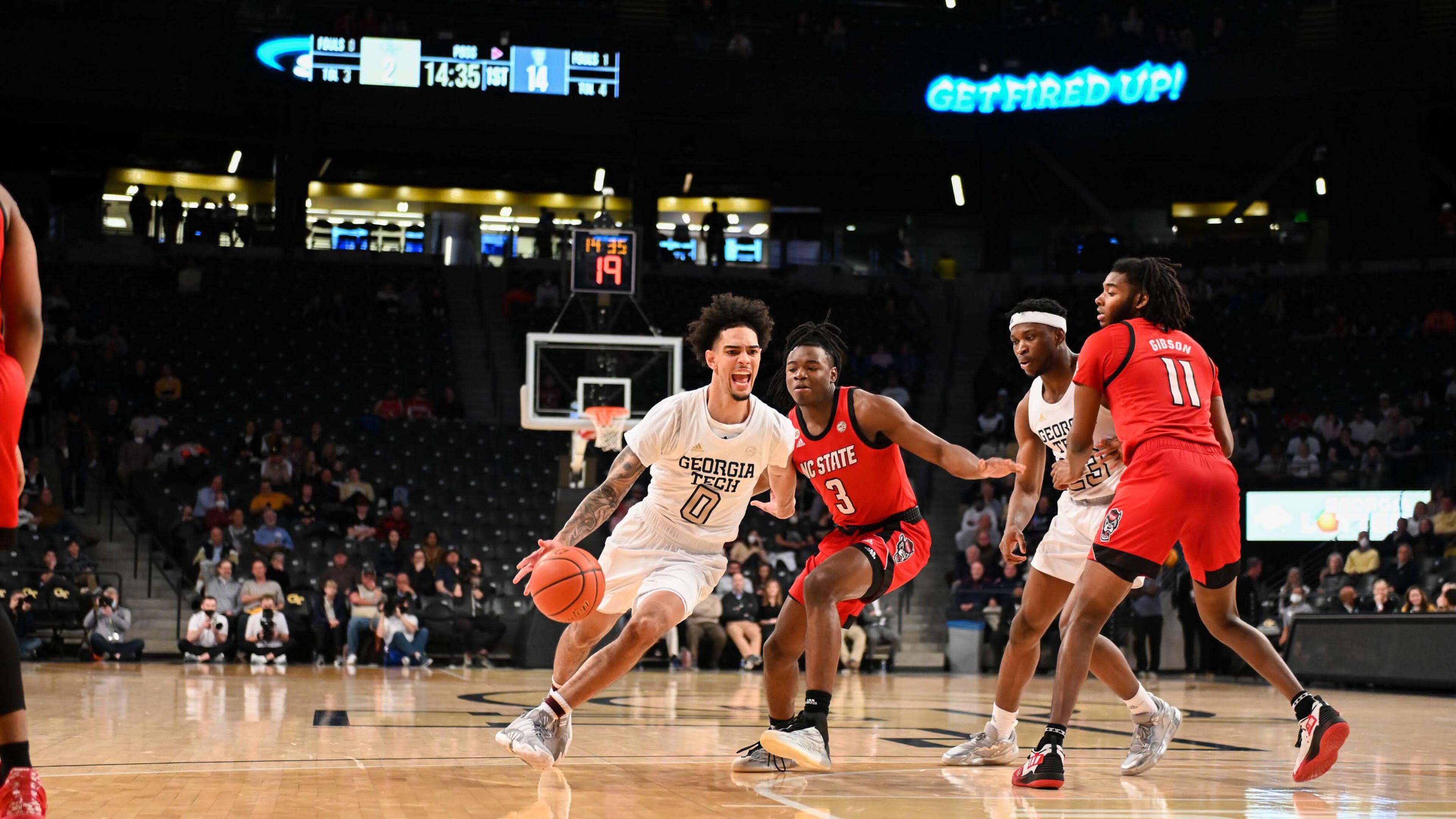 Georgia Tech guard Michael Devoe drives to the basket against N.C. State on Tuesday night at McCamish Pavilion. Devoe led Tech with 18 points on 7-for-17 shooting. (Anthony McClellan/Georgia Tech Athletics)