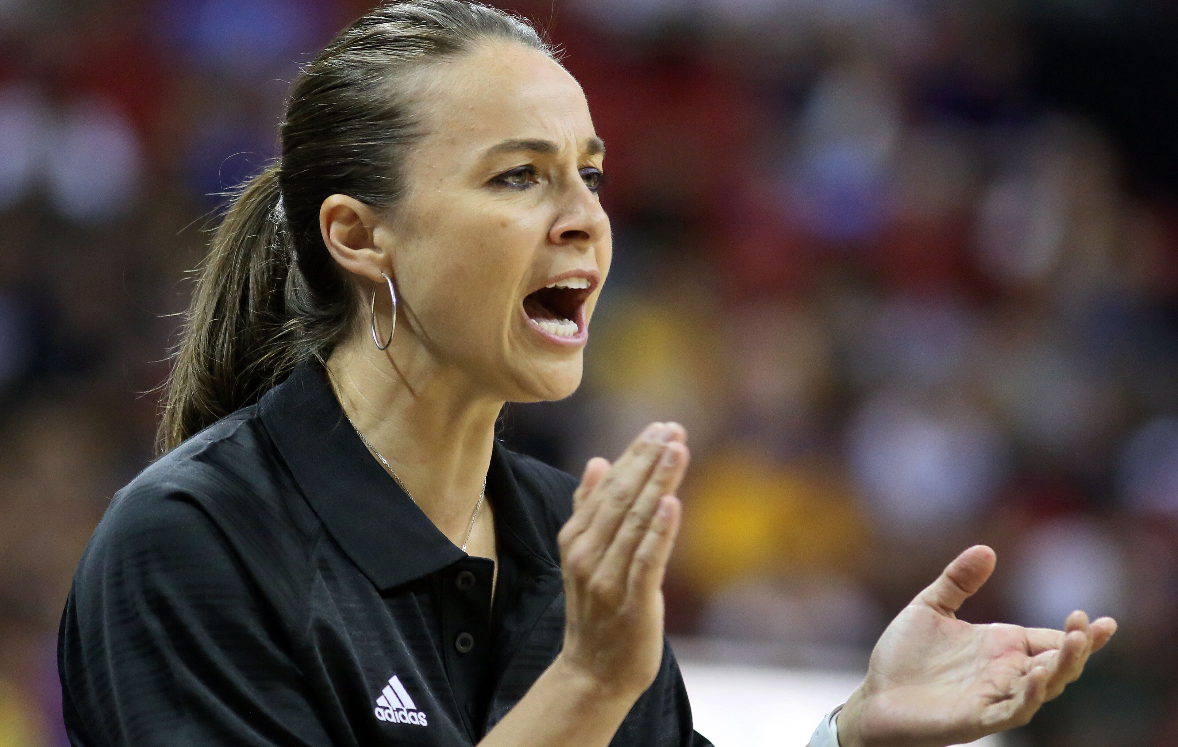 Becky Hammon coaches the San Antonio Spurs during an NBA summer league basketball game against the New York Knicks on Saturday, July 11, 2015, in Las Vegas. (AP Photo/Ronda Churchill)