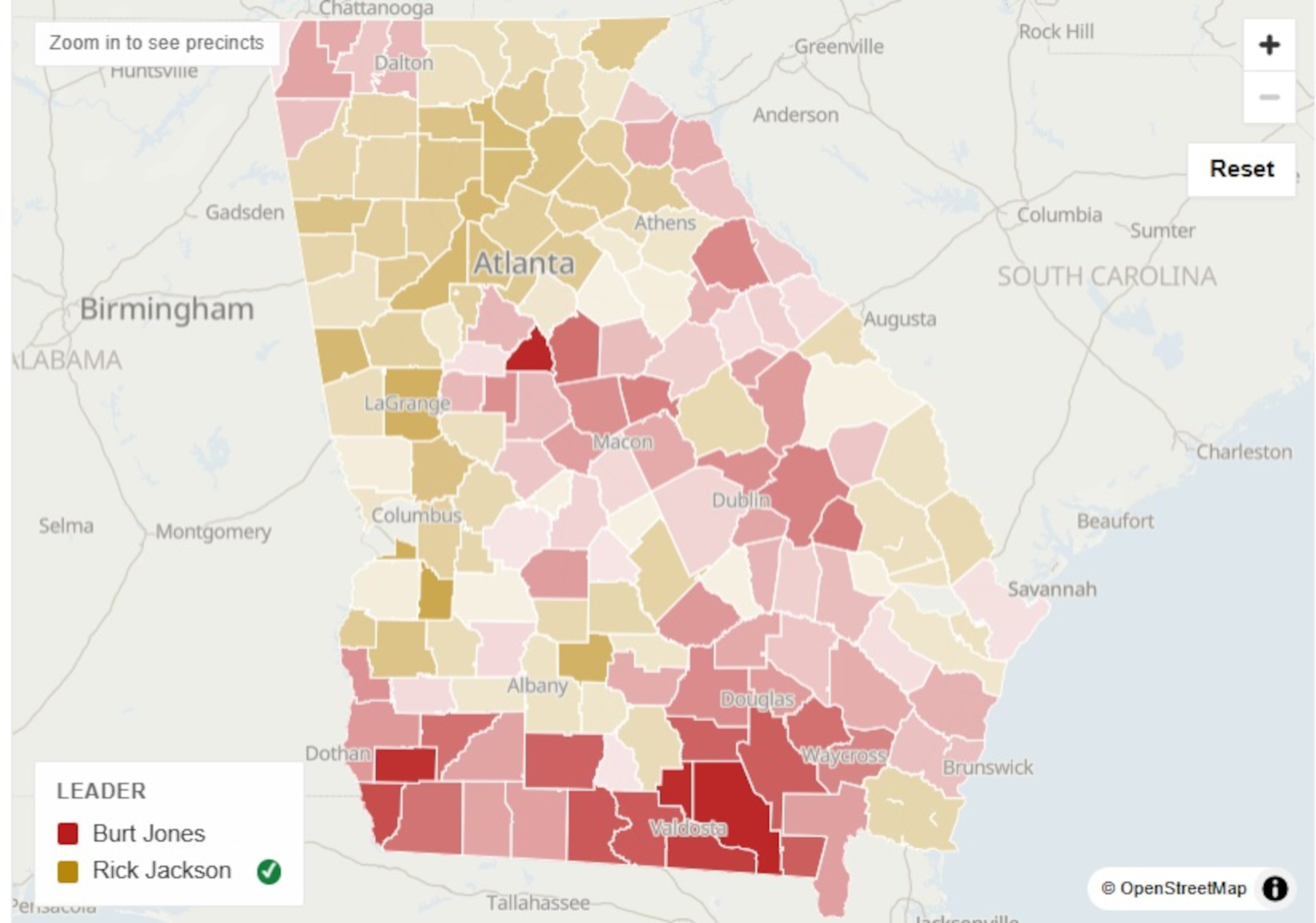 A map of election results in Georgia's Republican primary for governor. (Charles Minshew/AJC)