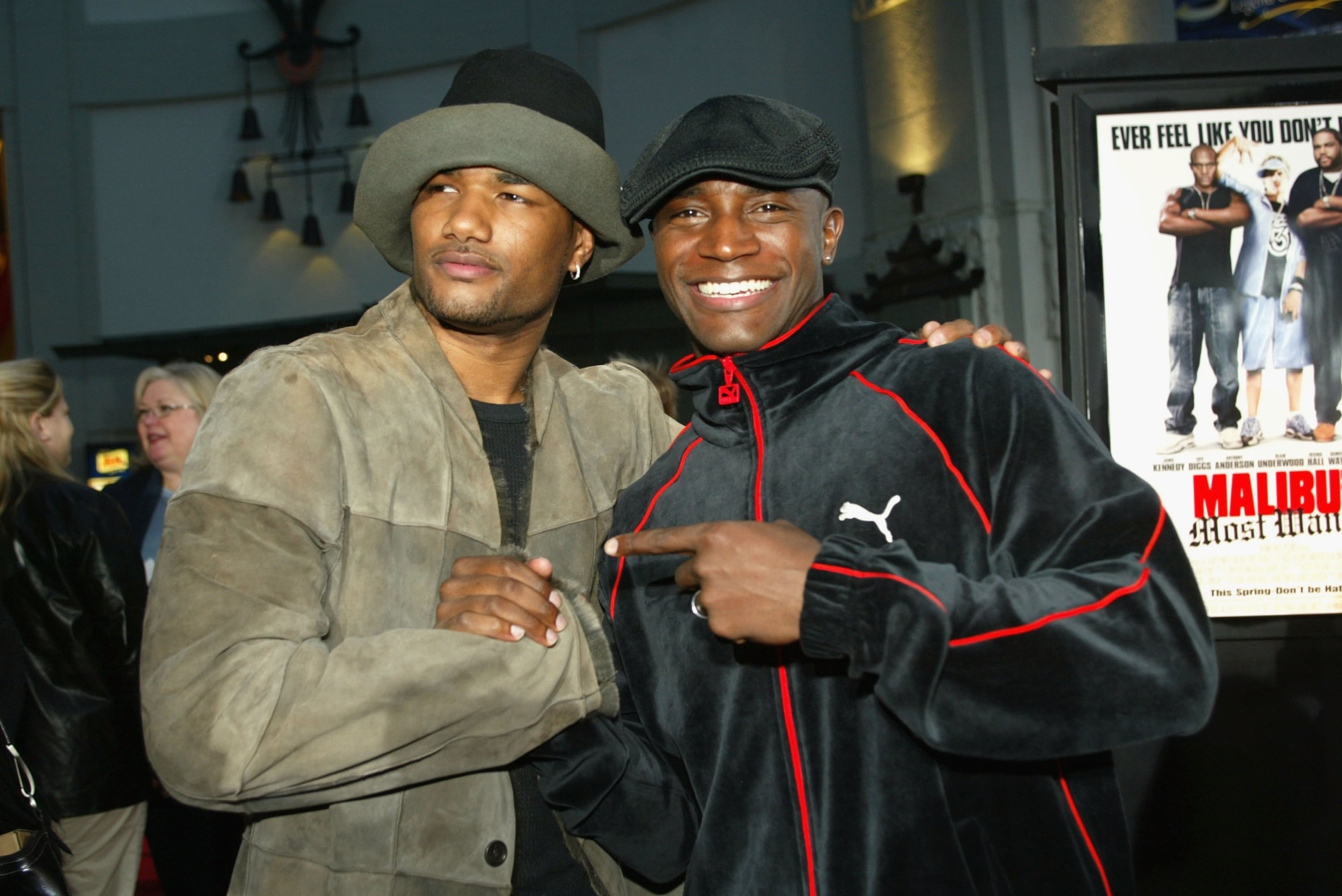 LOS ANGELES - APRIL 10: Actors Damien Wayans and Taye Diggs pose at the premiere of "Malibu's Most Wanted" at the Chinese Theater on April 10, 2003 in Los Angeles, California. (Photo by Kevin Winter/Getty Images)