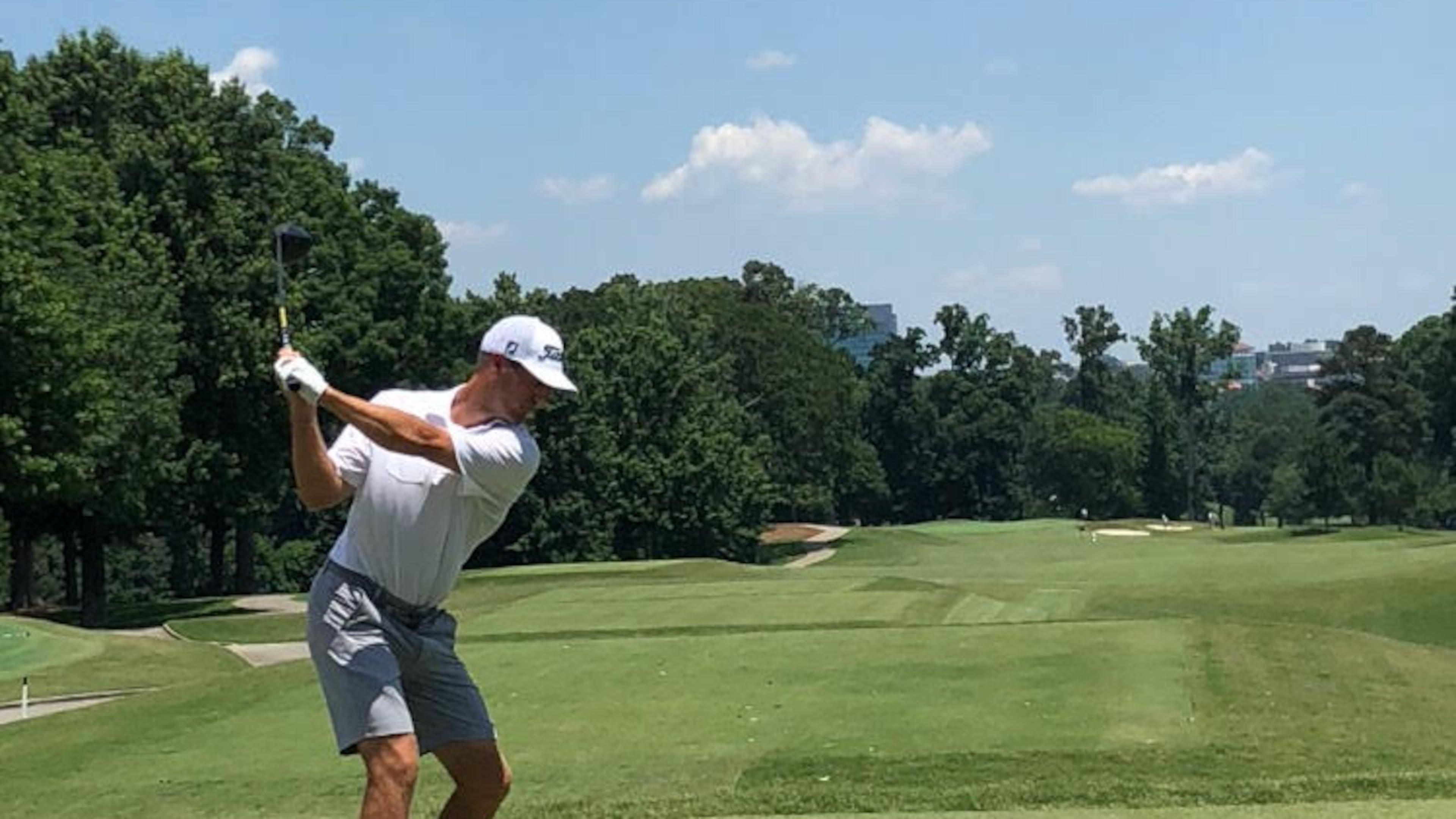 Rank hits his drive off the first tee in the second round of the Dogwood Invitational