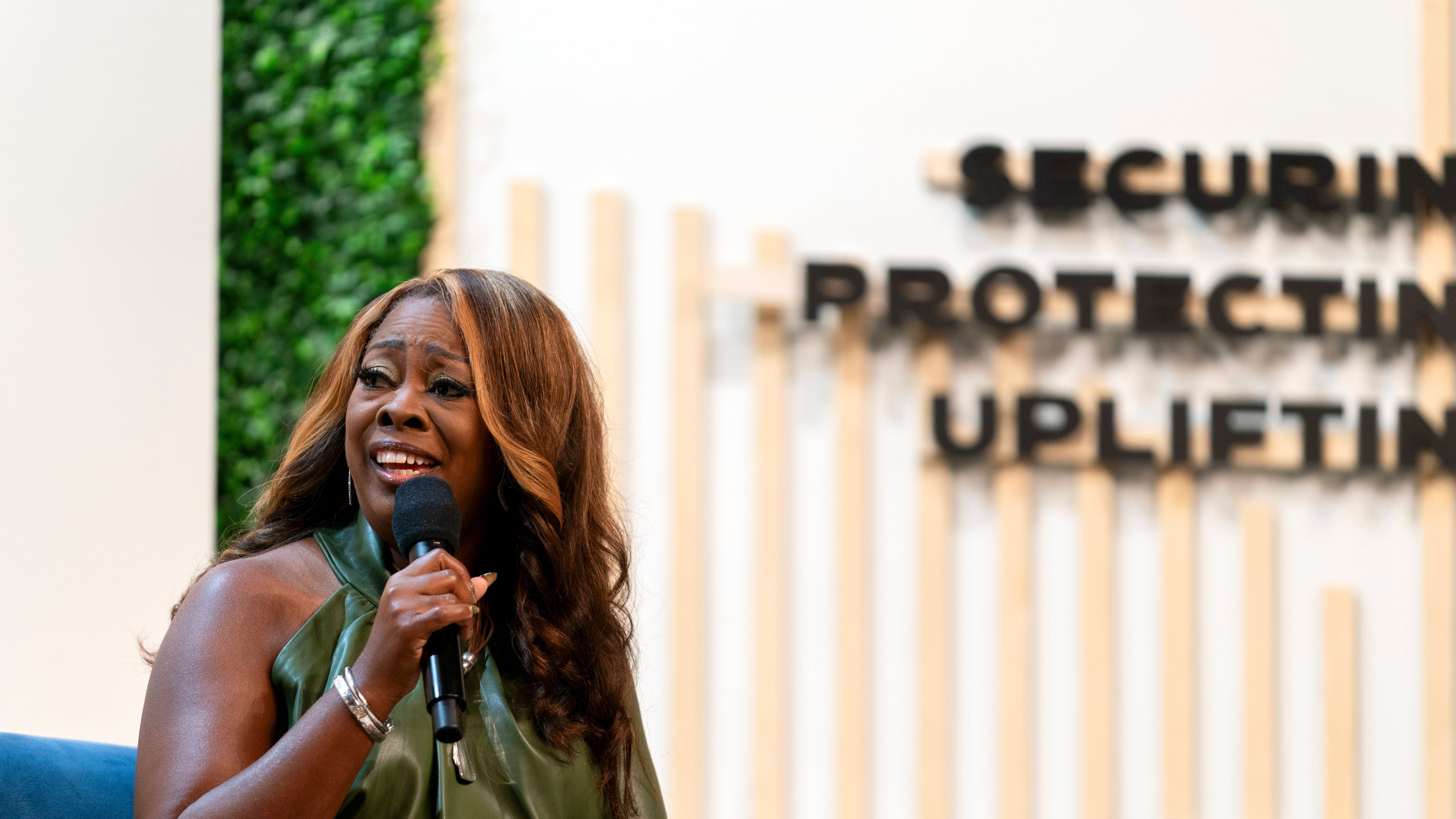 FILE - LaTosha Brown, co-founder of the Black Voters Matter Fund, speaks on a panel about threats to democracy at the Congressional Black Caucus Foundation's annual legislative conference, Sept. 21, 2023, in Washington. (AP Photo/Stephanie Scarbrough, File)