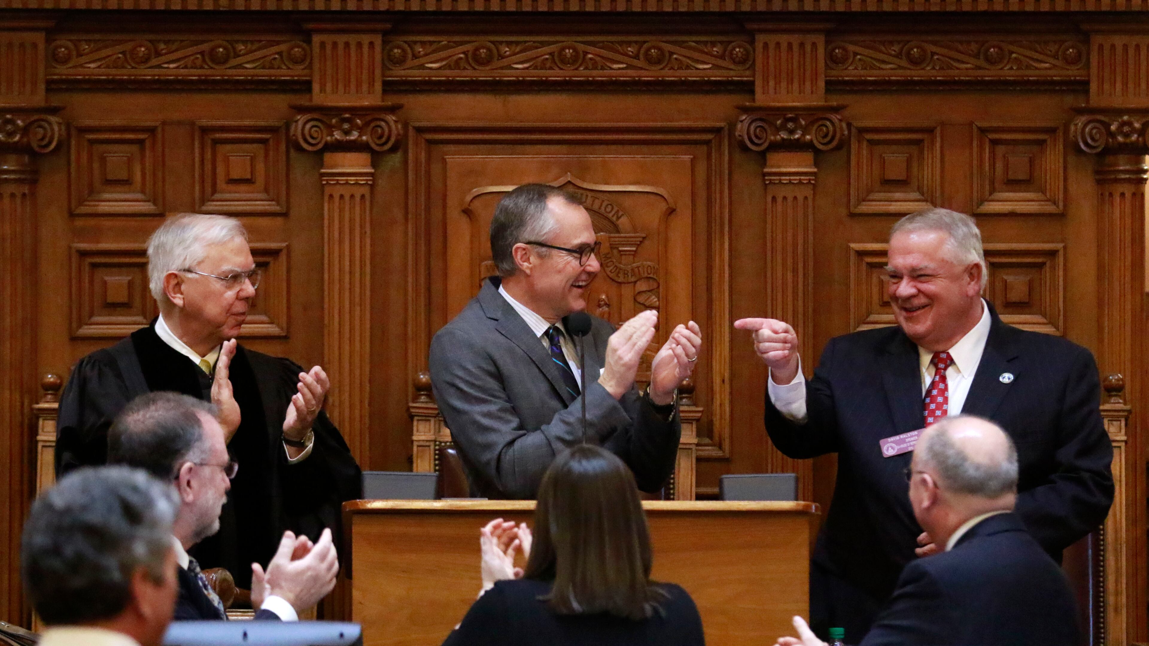 Jan. 27, 2016 - Atlanta - Chief Justice Hugh P. Thompson (from left), Lt. Gov. Casey Cagle and Speaker of the House David Ralston at the joint session for the State of the Judiciary address. BOB ANDRES / BANDRES@AJC.COM