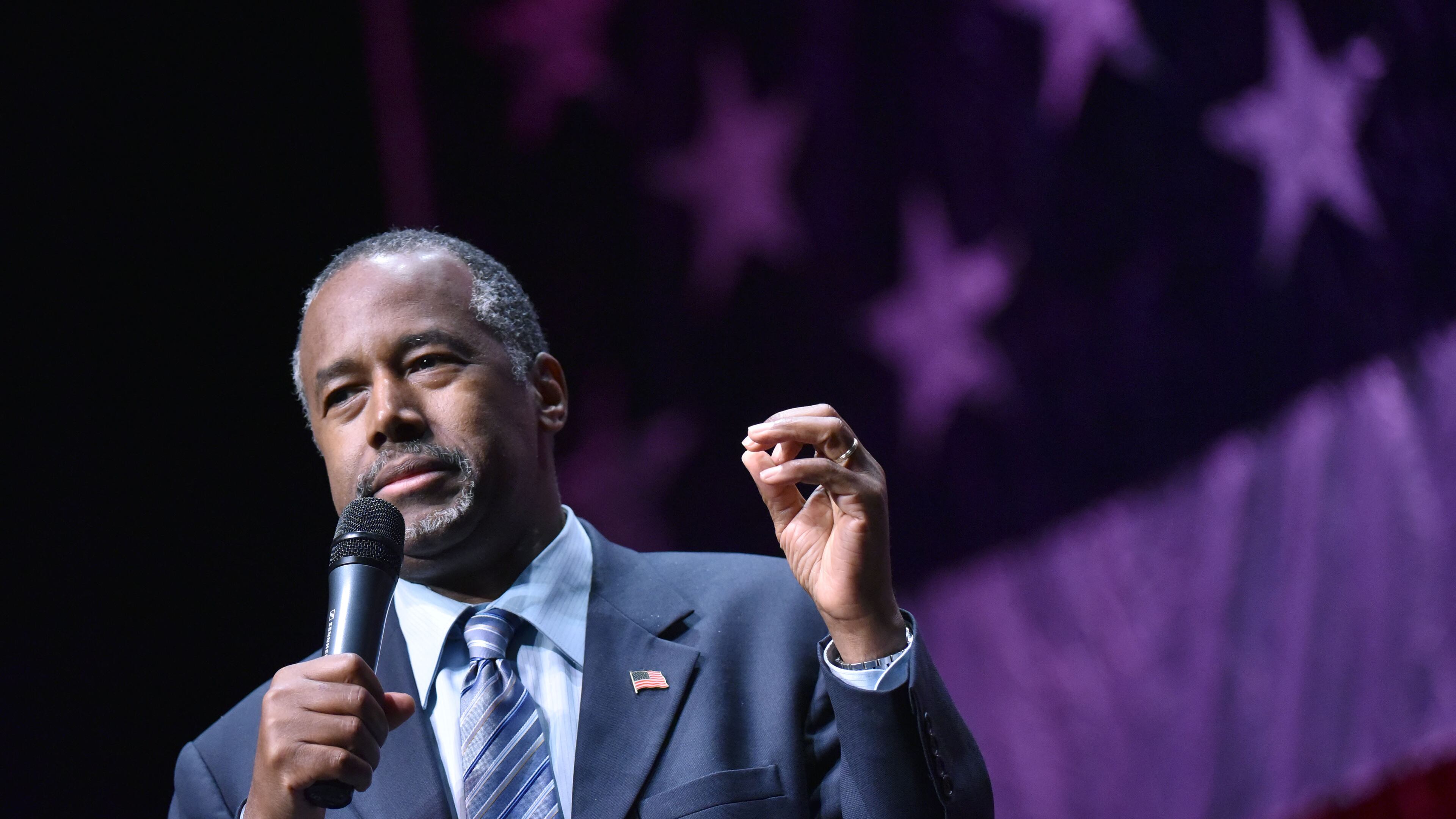 December 8, 2015 Atlanta - Republican presidential candidate Dr. Ben Carson speaks to supporters during Ben Carson For President 2016 Rally at Cobb Energy Center on Tuesday December 8, 2015. Two Republican candidates arrived in Atlanta on Tuesday. Businesswoman Carly Fiorina has lost the momentum that powered her campaign to near the top of the heap over the summer, and she's assailed Obama's foreign policy strategy since the attacks. And Ben Carson's poll numbers have sunk amid concerns about his foreign policy chops. HYOSUB SHIN / HSHIN@AJC.COM