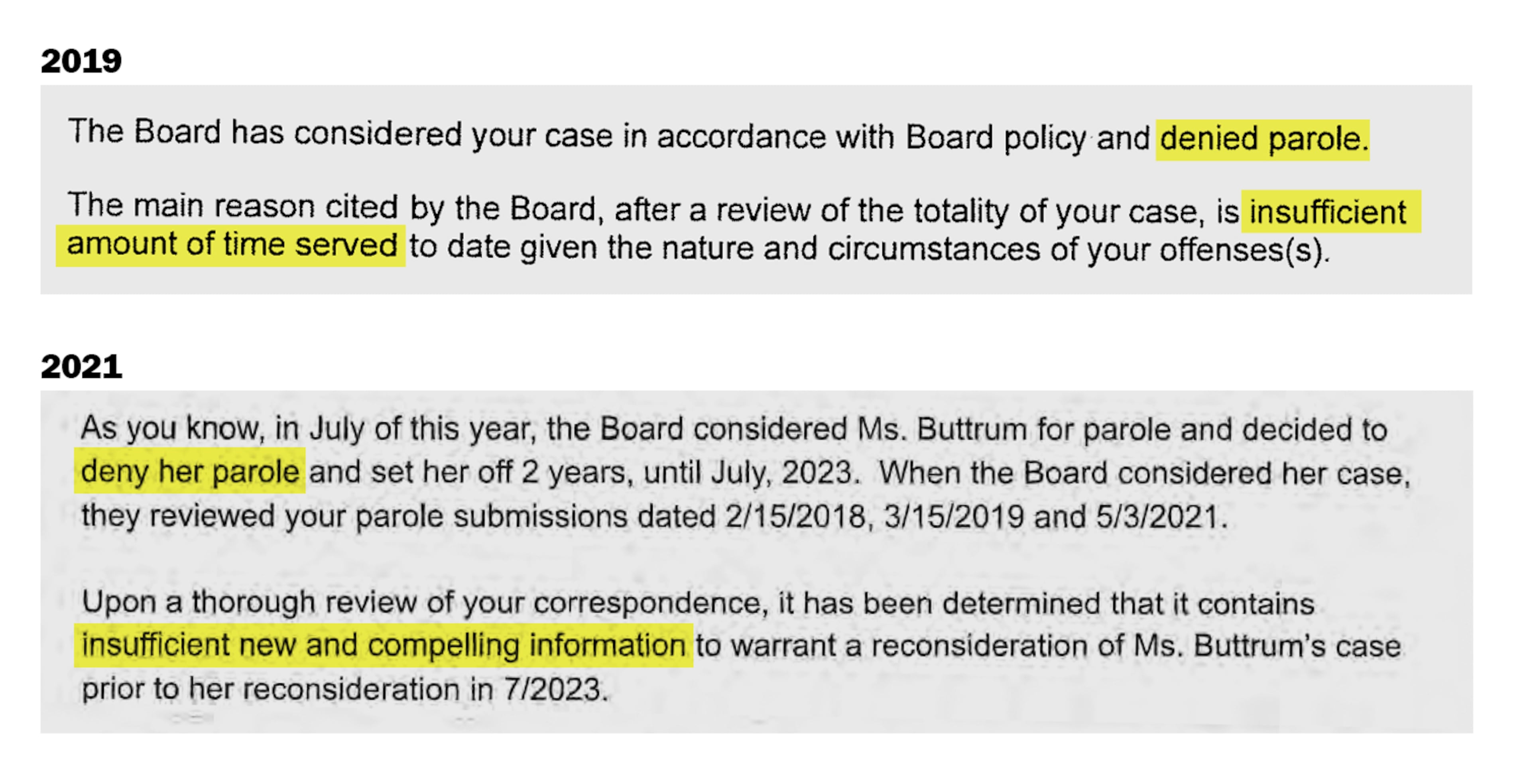 In 2019 (top), the Georgia Board of Pardons and Paroles denied parole to Janice Buttrum, citing an "insufficient amount of time served." In 2021, the board denied her parole again, this time citing "insufficient new and compelling information to warrant a reconsideration."