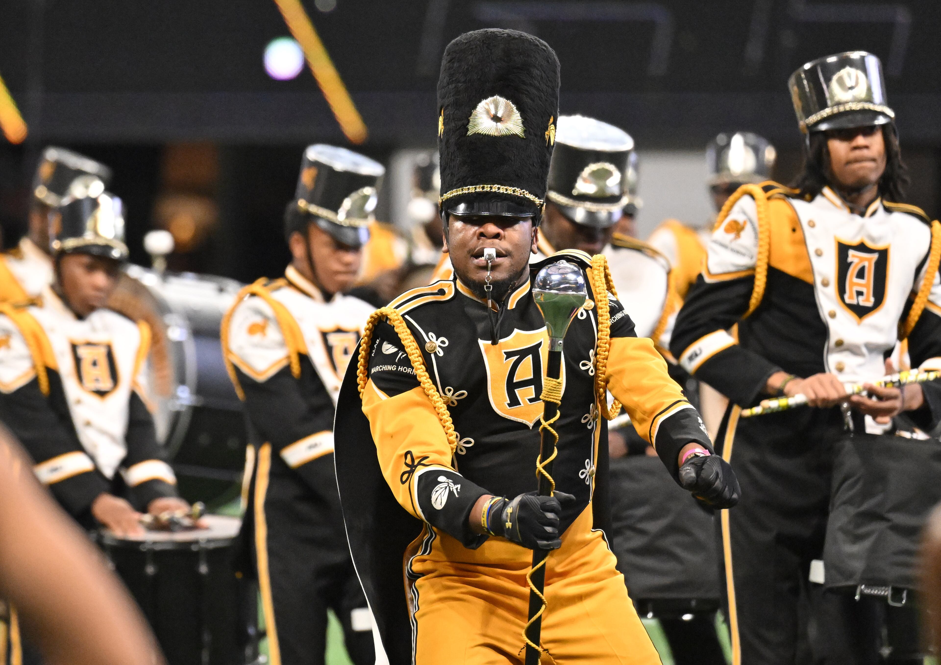 The Mighty Marching Hornets of Alabama State University performs during the All-Star Battle of the Bands at Mercedes-Benz Stadium on Saturday, Feb. 4, 2023, in Atlanta. (Hyosub Shin / Hyosub.Shin@ajc.com)