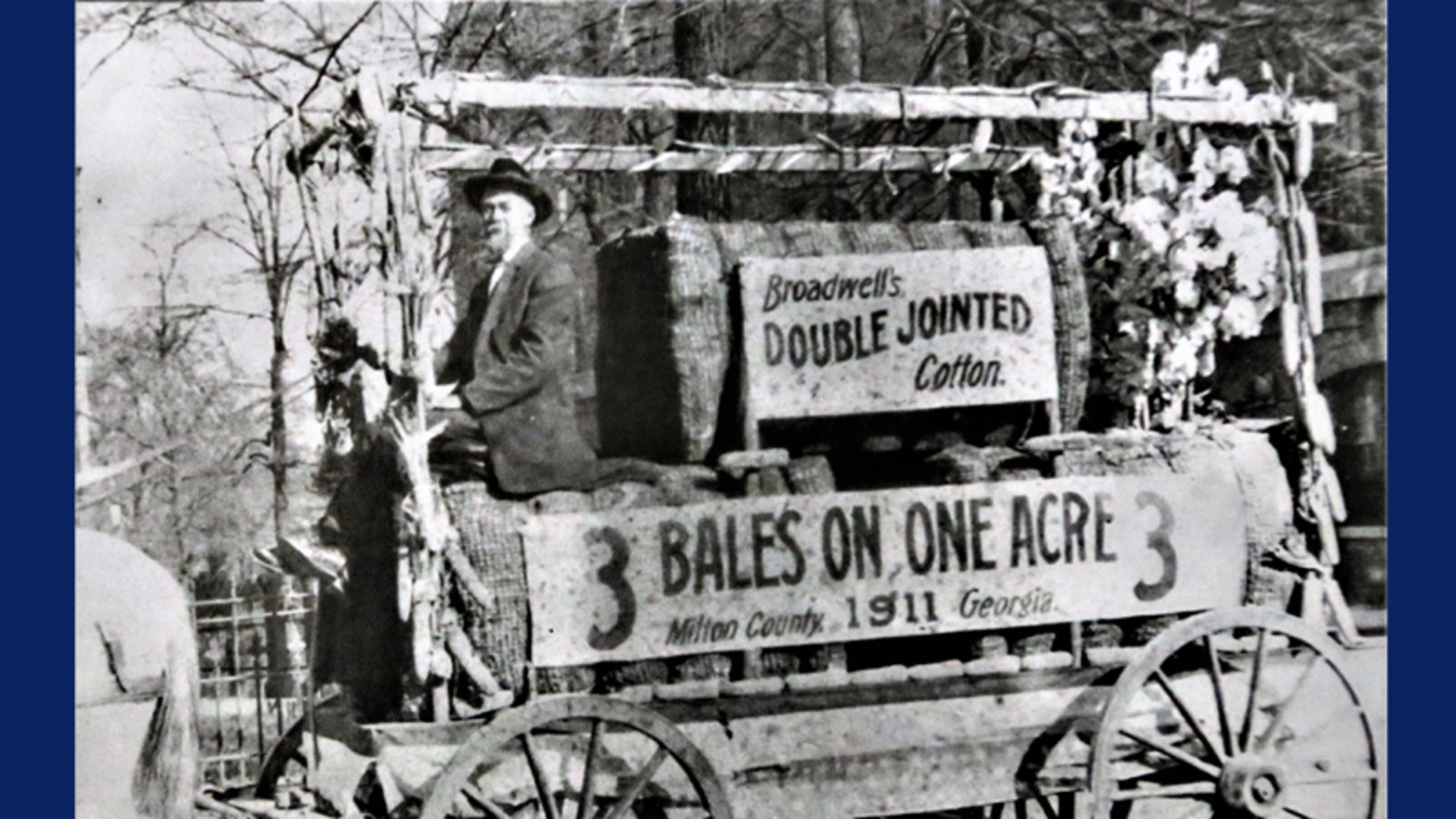Milton’s history long predates the city’s incorporation in 2006. For example, resident John B. Broadwell (1855-1953) was famous for having developed improved strains of cotton. A 1911 photo shows Broadwell on his wagon selling his cotton seed. MILTON HISTORICAL SOCIETY
