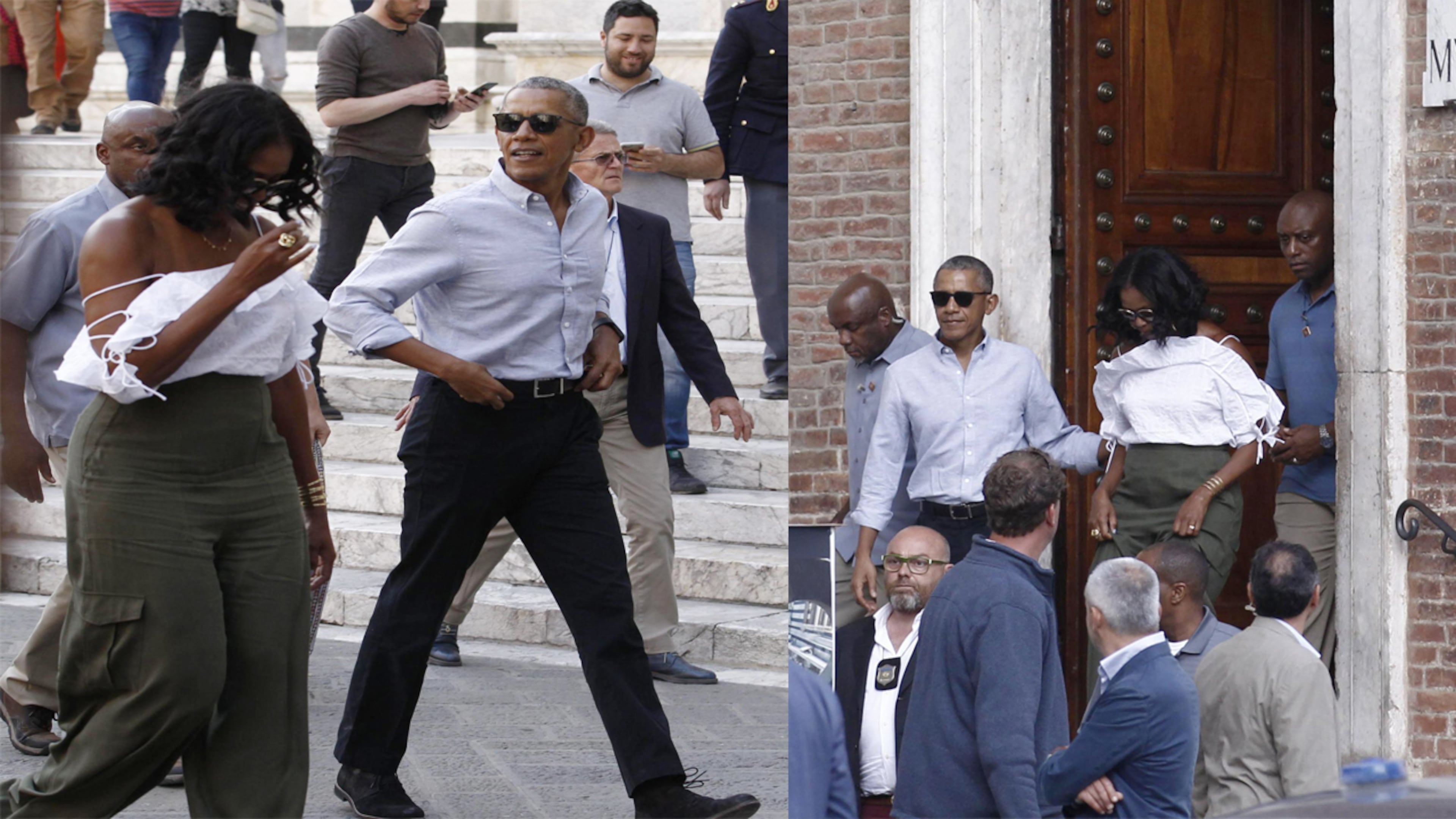 US former President Barack Obama and his wife Michelle leave the Museum of Opera, one of the oldest private museums in Italy, during their visit to Siena, Tuscany region, Italy, Monday, May 22, 2017. The Obamas arrived in Tuscany last Friday for a six-day holiday. (Fabio Di Pietro/ANSA via AP)