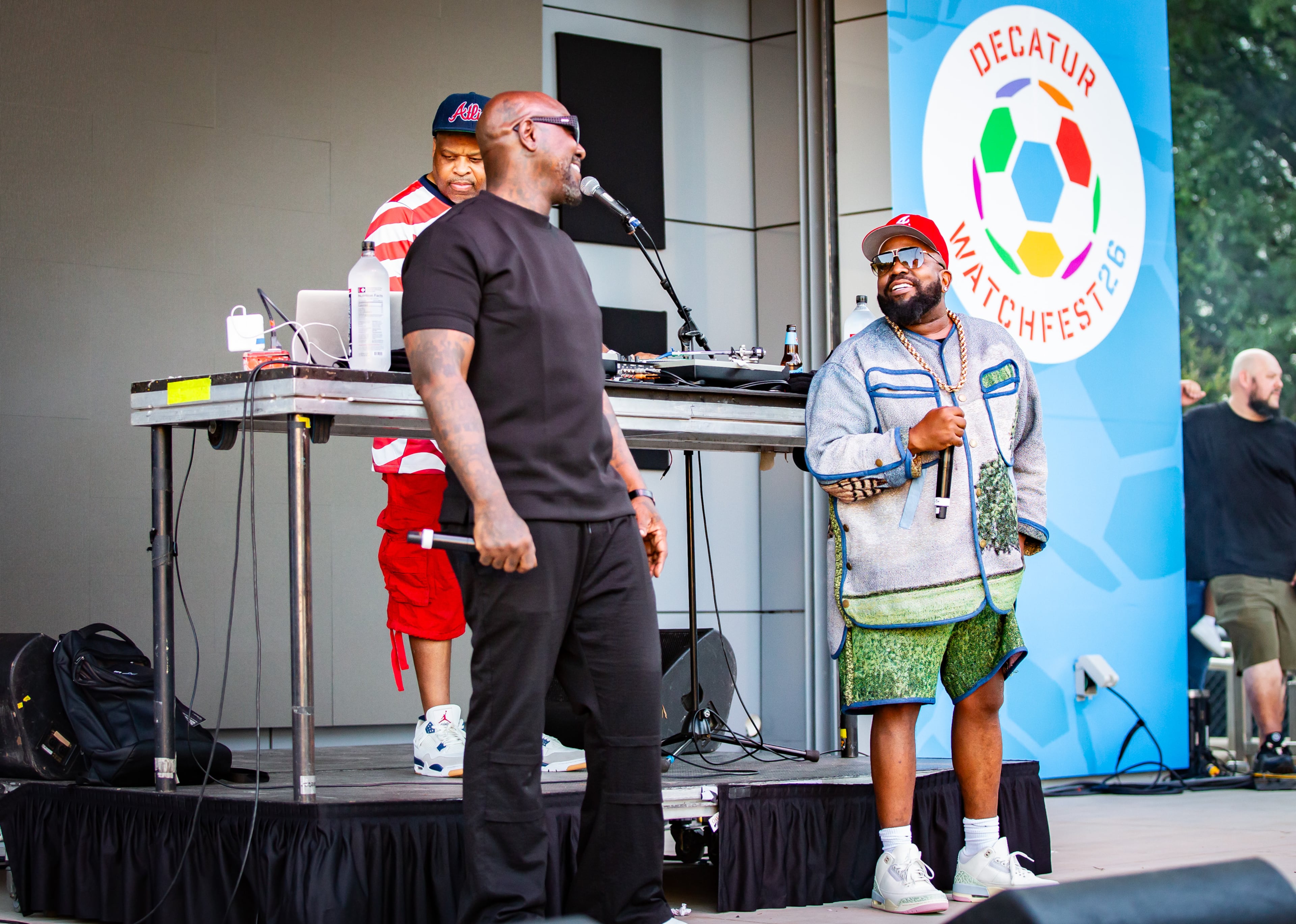 Big Boi (right) and Sleepy Brown kick off Decatur WatchFest '26 on Thursday June 11, 2026 at Decatur Square. (Ryan Fleisher for the AJC)