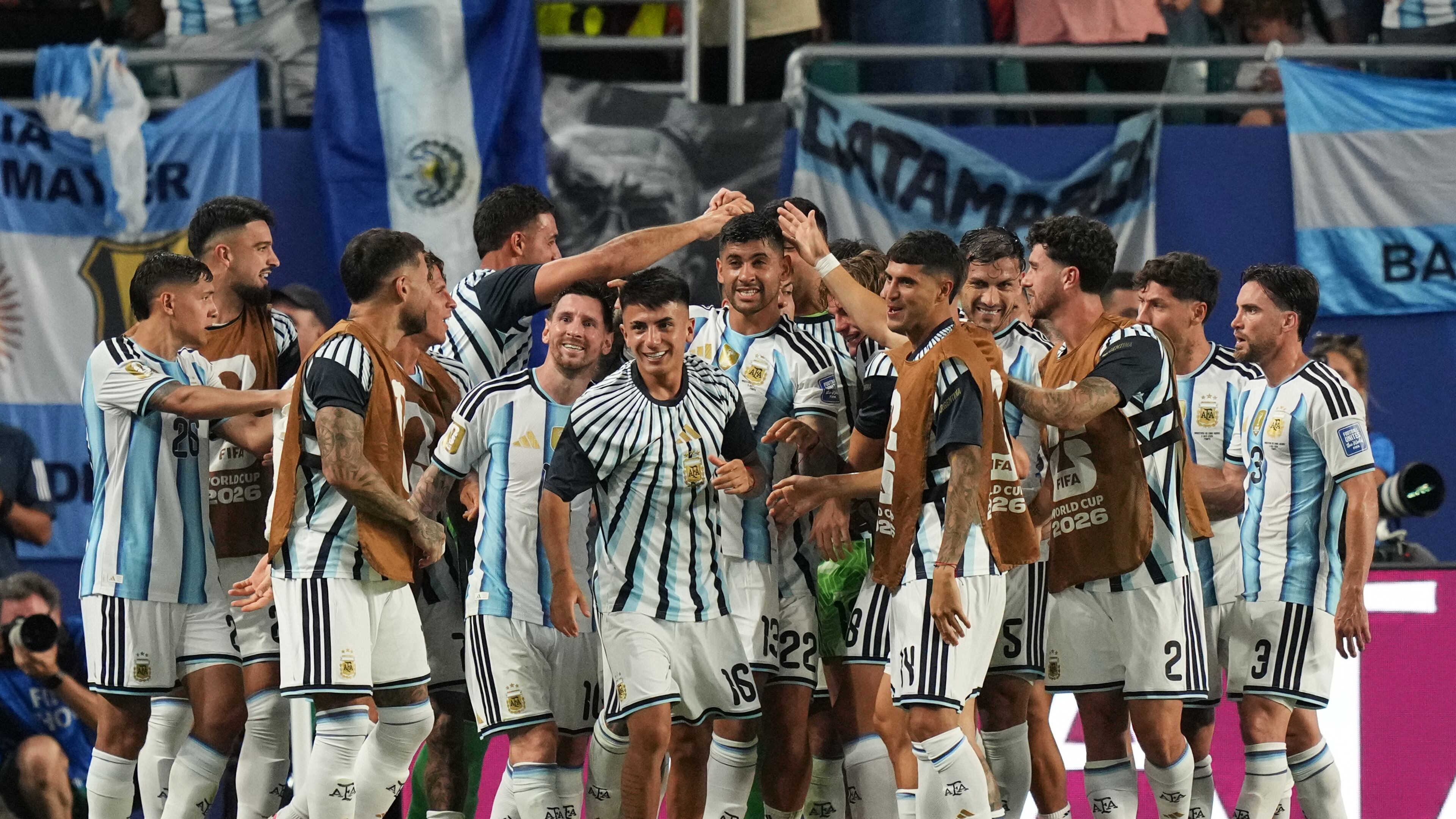 Argentina celebrates after Cape Verde's Diney Borges (3) scored an own goal during the World Cup round of 32 soccer match in Miami Gardens, Fla., Friday, July 3, 2026. (AP Photo/Lynne Sladky)