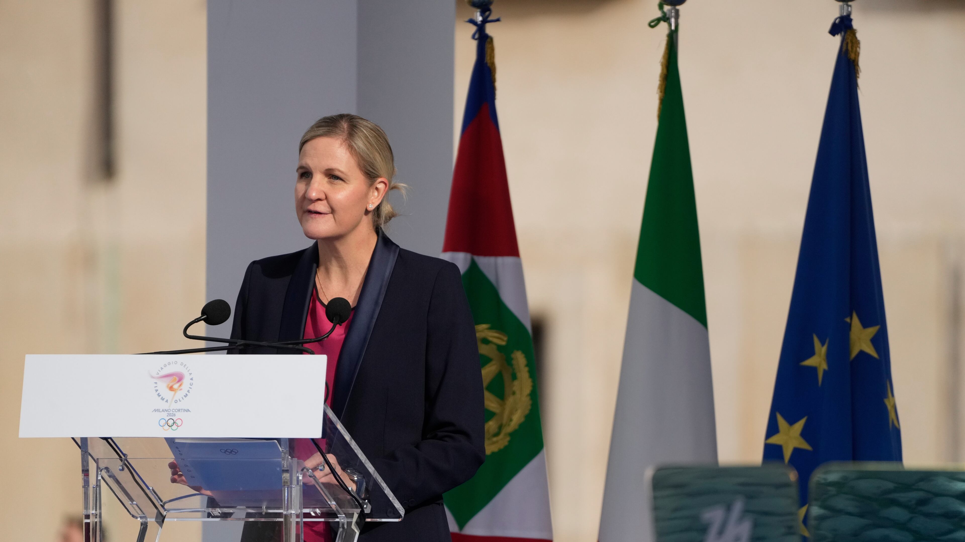 FILE - International Olympic Committee President Kirsty Coventry delivers her speech during the Milan Cortina 2026 Winter Olympics cauldron lighting, in front of the Quirinale Presidential Palace, in Rome, Friday Dec. 5, 2025. (AP Photo/Gregorio Borgia, File)