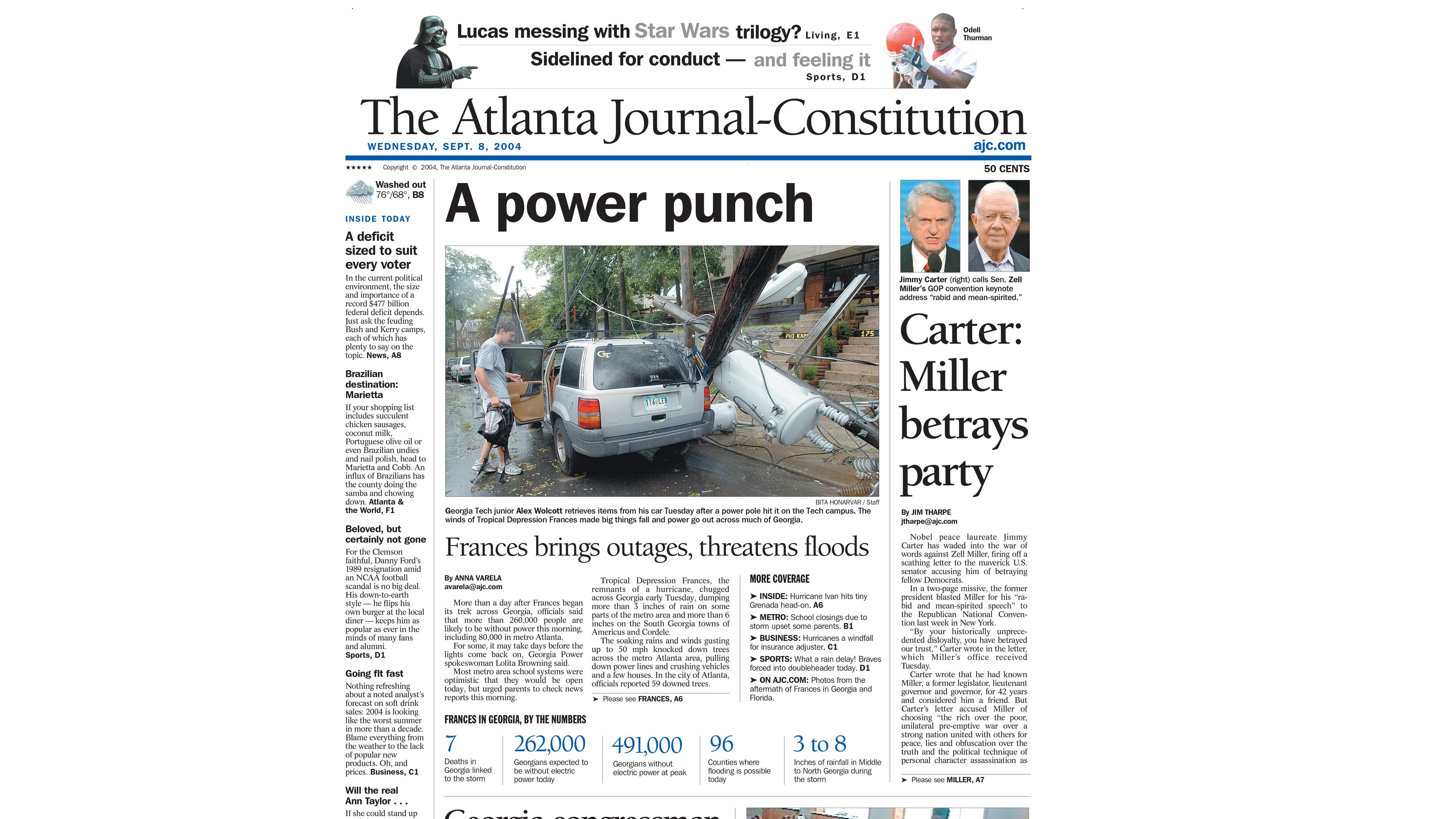 When Democrat Zell Miller delivered a keynote address for President George W. Bush at the 2004 Republican National Convention, former President Jimmy Carter was among his critics, saying that Miller was betraying the Democratic party. By your historically unprecedented disloyalty, you have betrayed
our trust,” Carter wrote. This is an AJC front page from September 2004. (AJC archives)