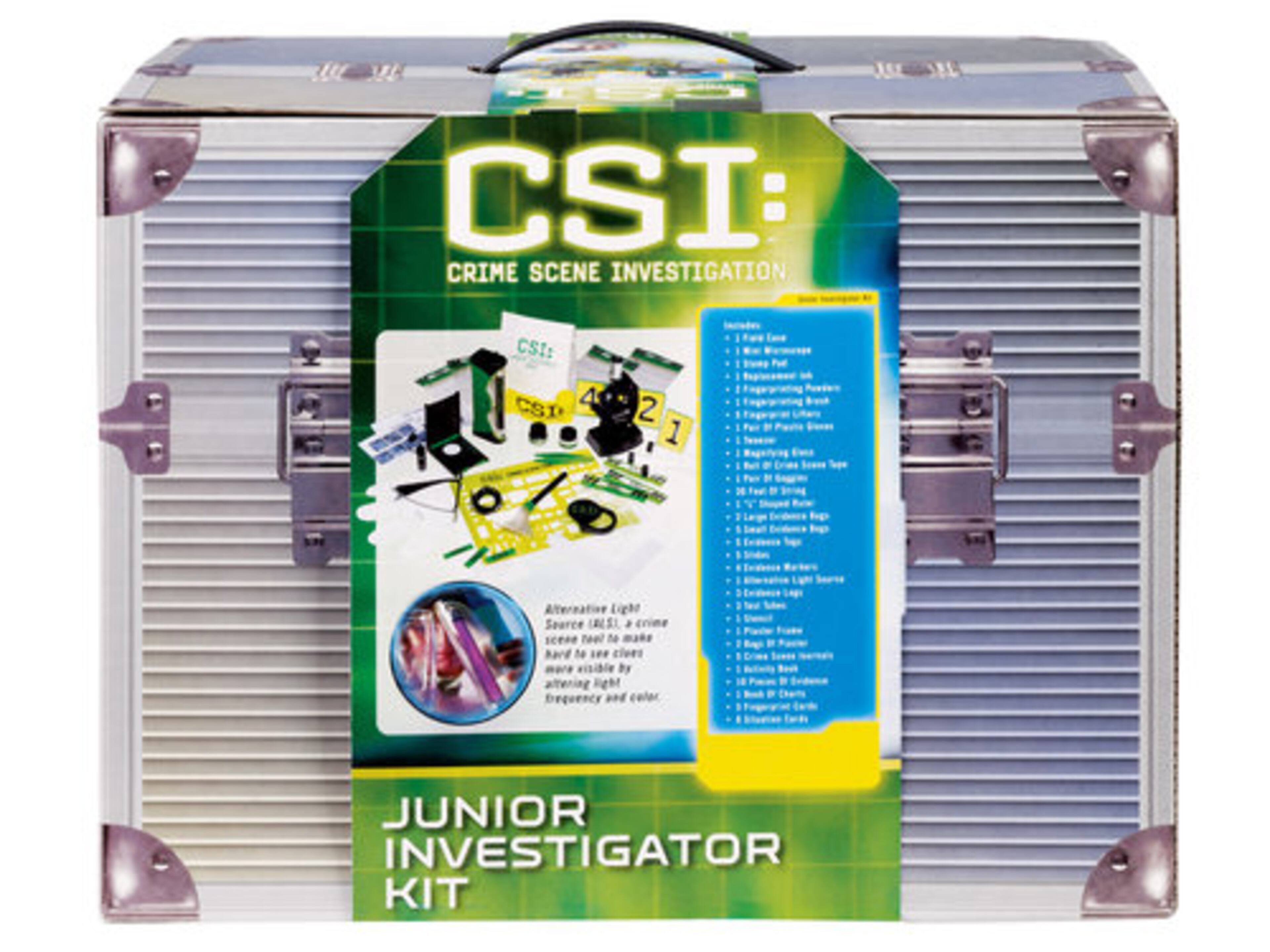 The CSI Junior Investigator Kit from Toys"R"Us comes with a field case, mini microscope, stamp pad, replacement ink, fingerprinting powders, fingerprinting brush, fingerprint lifters, plastic gloves, tweezer, magnifying glass, crime scene tape, goggles, string, an "L" shaped ruler, faux evidence, bags, tags and logs, slides, flashlight, test tubes, stencils, plaster frame, activity book and more! No batteries required. Ages 10 years and up.